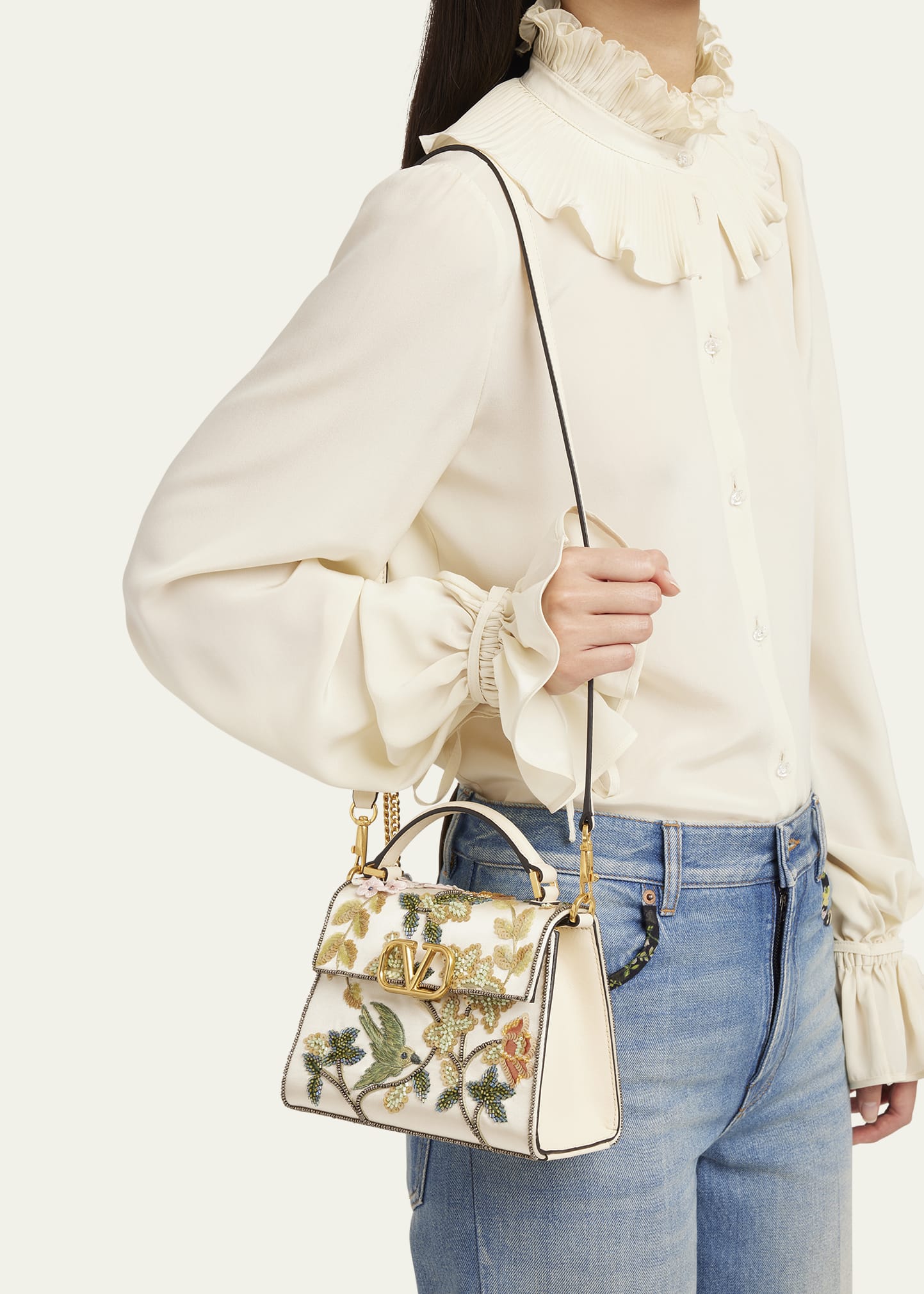 Valentino Garavani VSLING Mini Flower Bird Beaded Satin Top-Handle