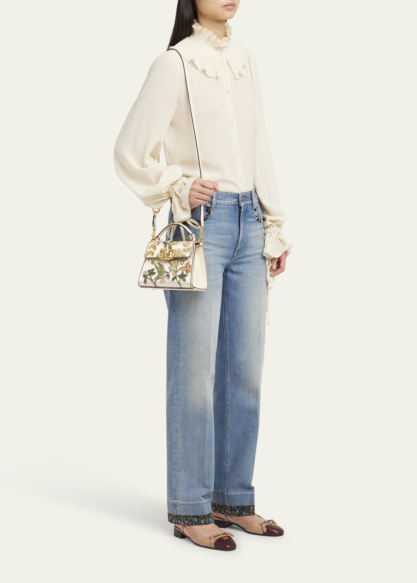 Valentino Garavani VSLING Mini Flower Bird Beaded Satin Top-Handle