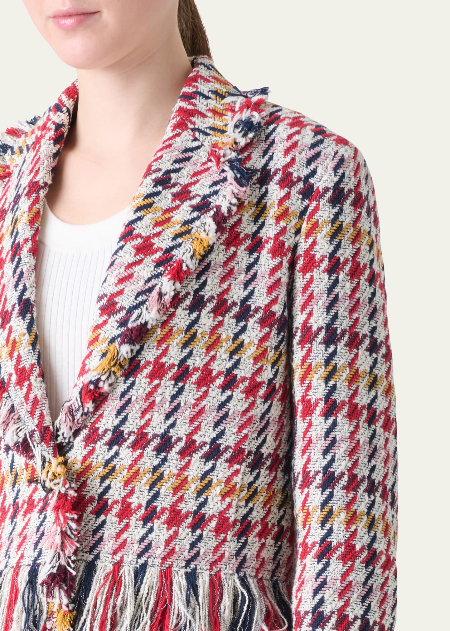 Akris punto Cropped Checked Tweed Jacket with Maxi Fringe