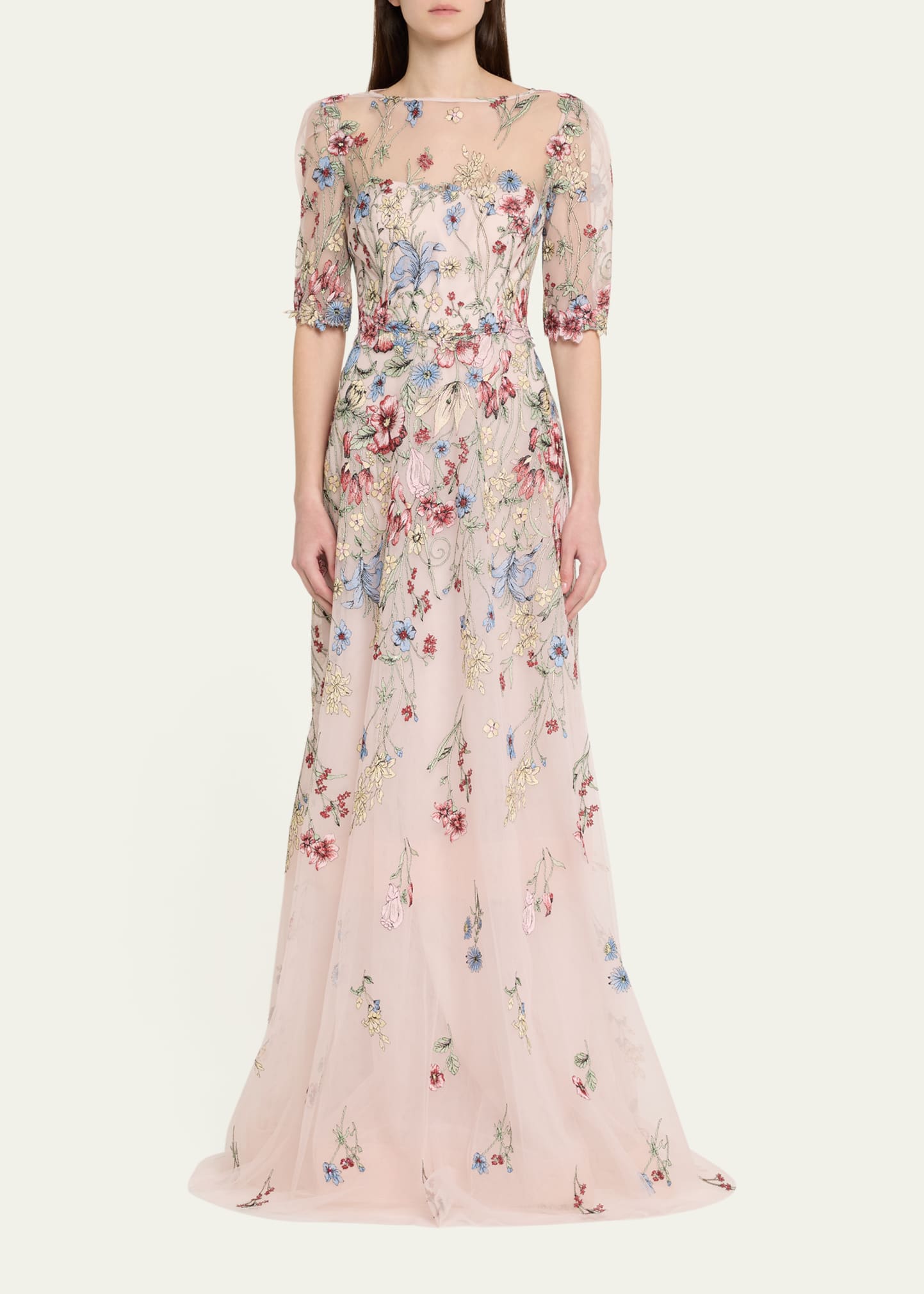 rickie freeman for teri jon floral embroidered tulle midi dress Embroidered Tulle Dress With Floral Print