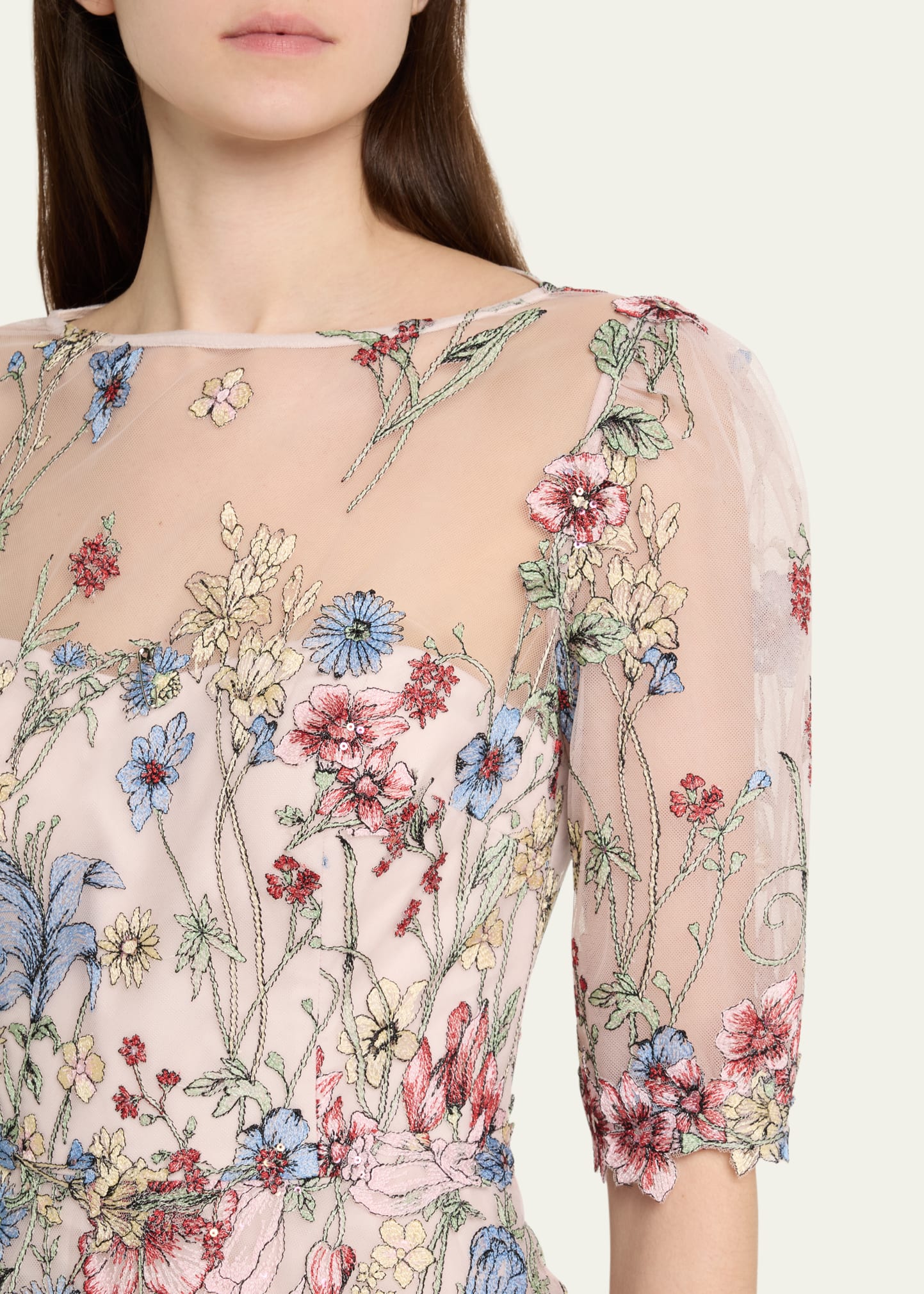 Teri Jon Floral Embroidered Tulle Gown - Blush Multi - 12