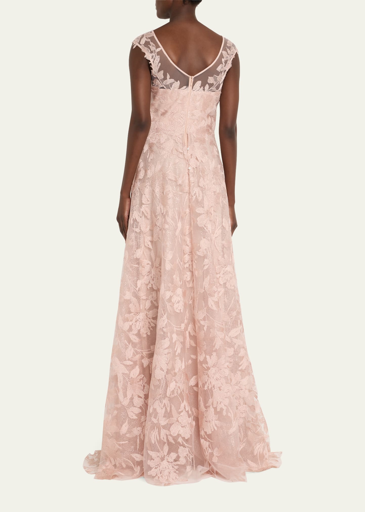 sleeveless embroidered floral applique gown