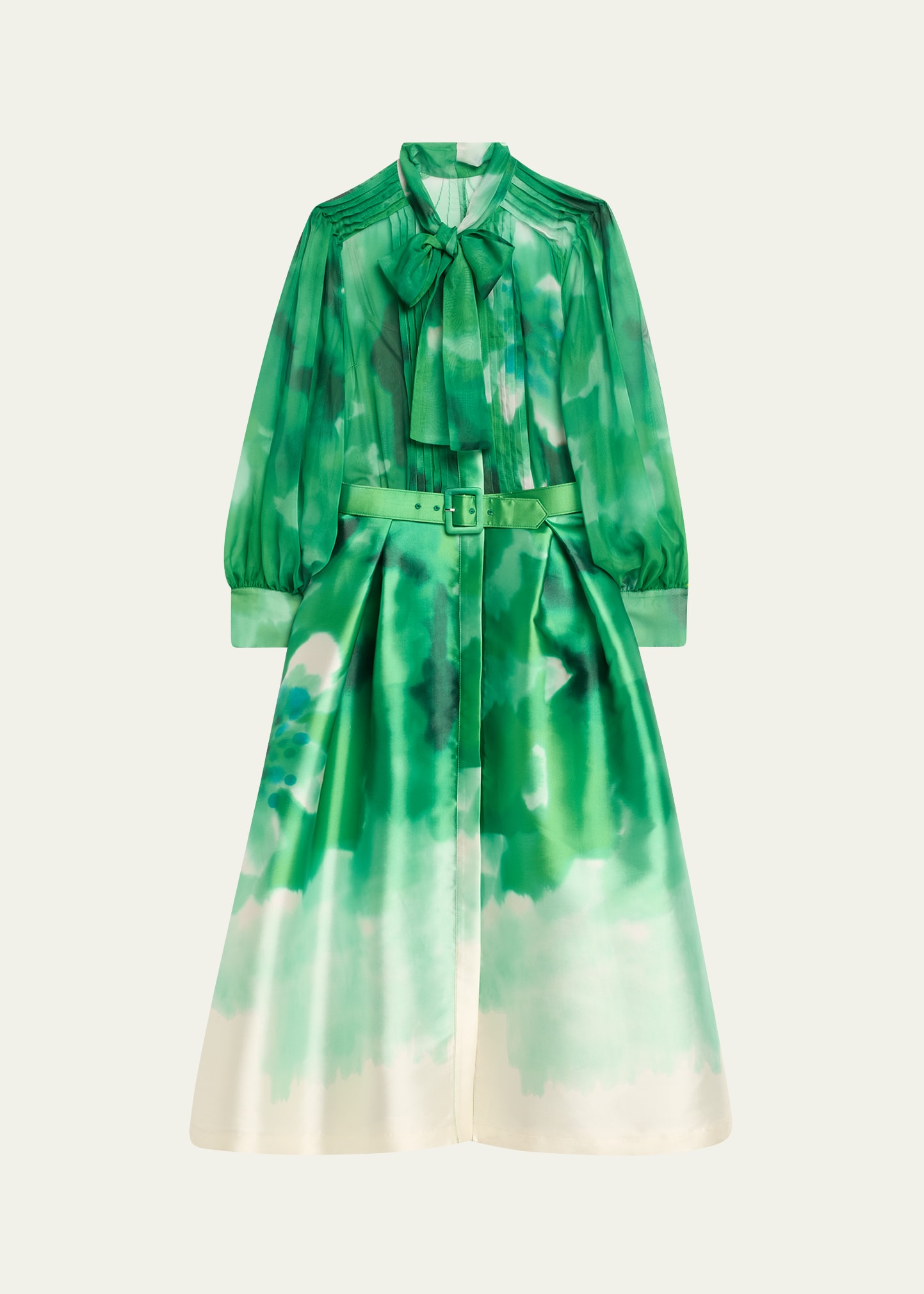 Pleated Tie-Neck Mixed Media Midi Shirtdress