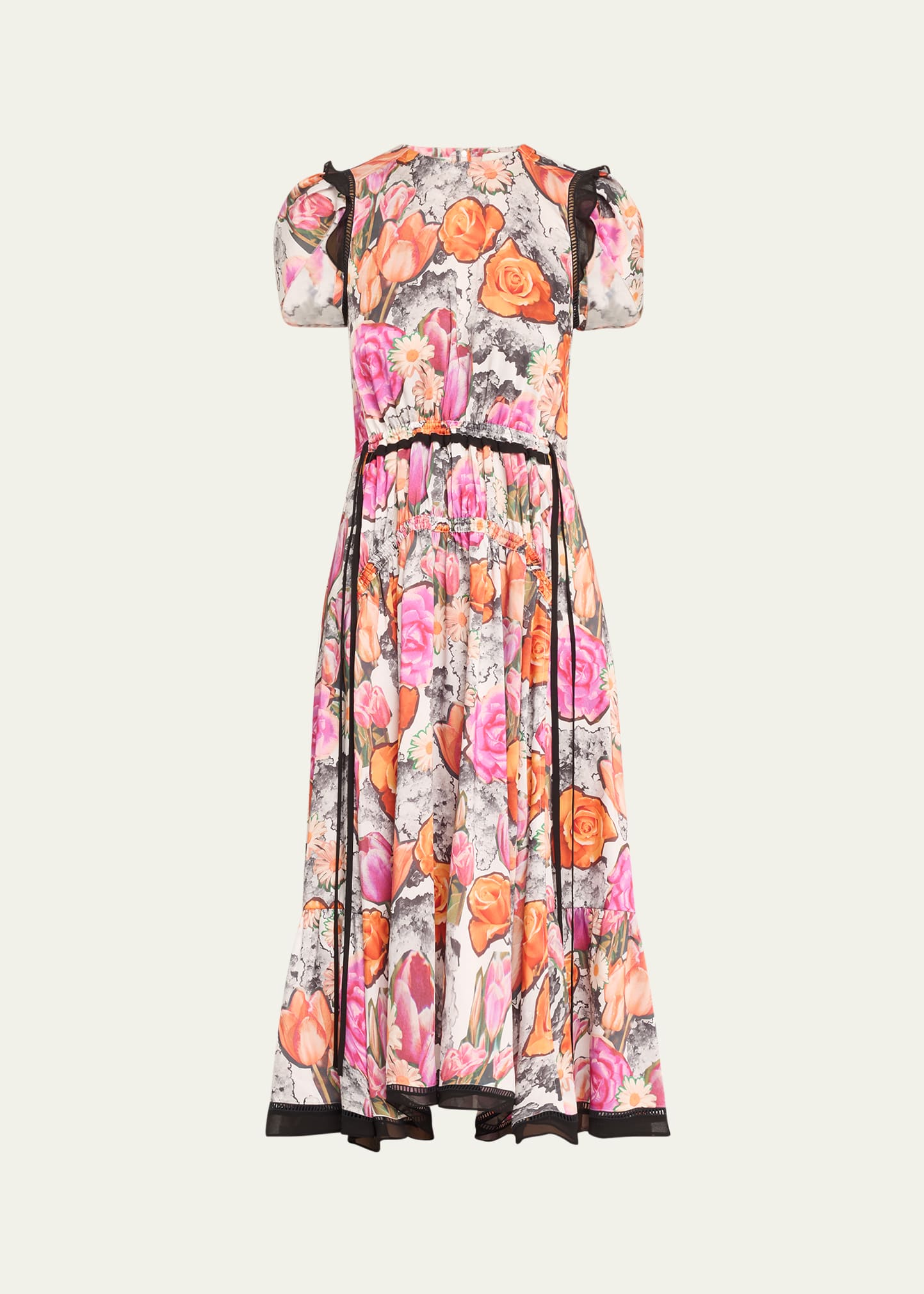 floral collage tulip-sleeve midi dress