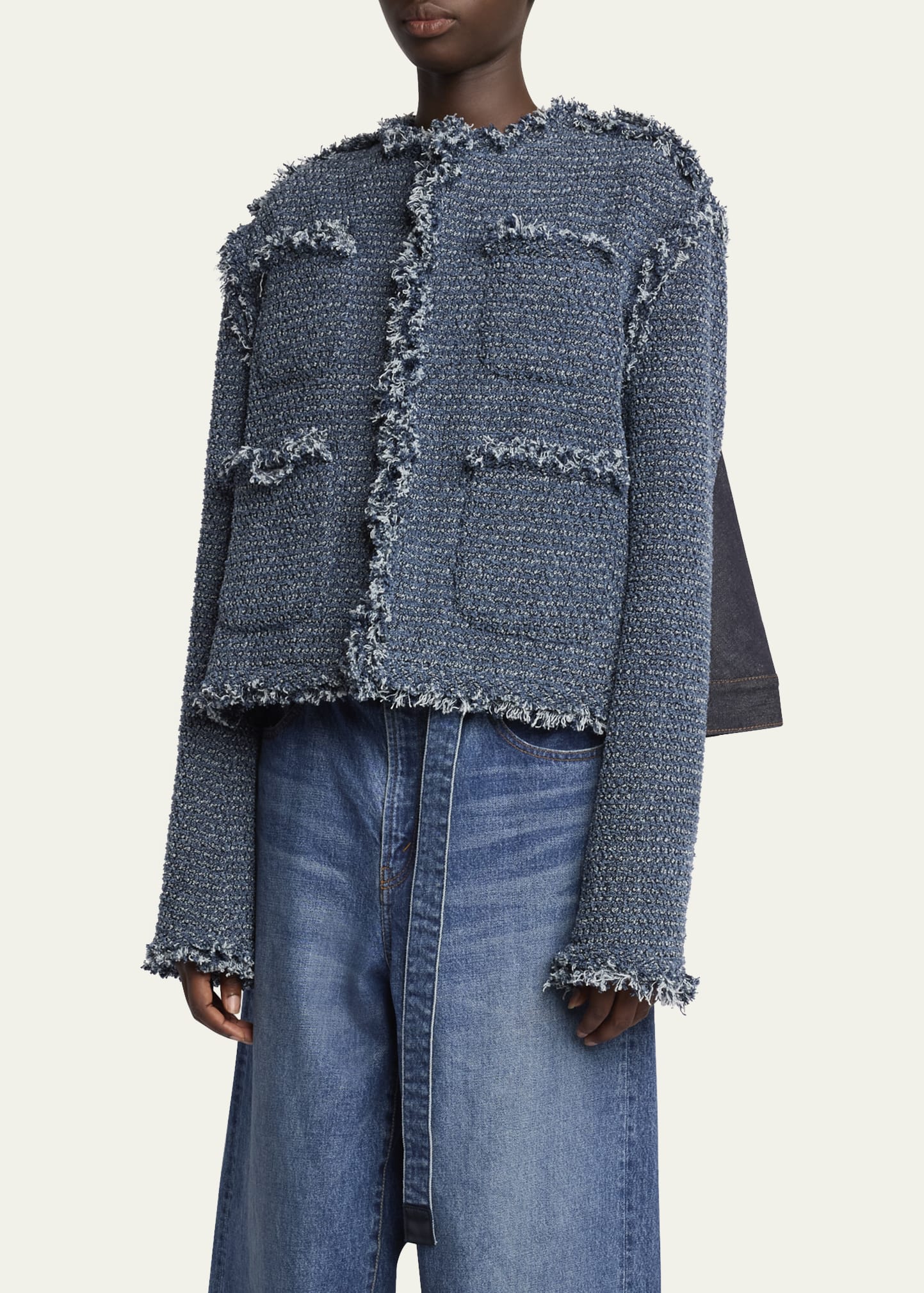 【sacai】ブルー Punching Denim スコート Blue Punching Denim Jacket by sacai on Sale