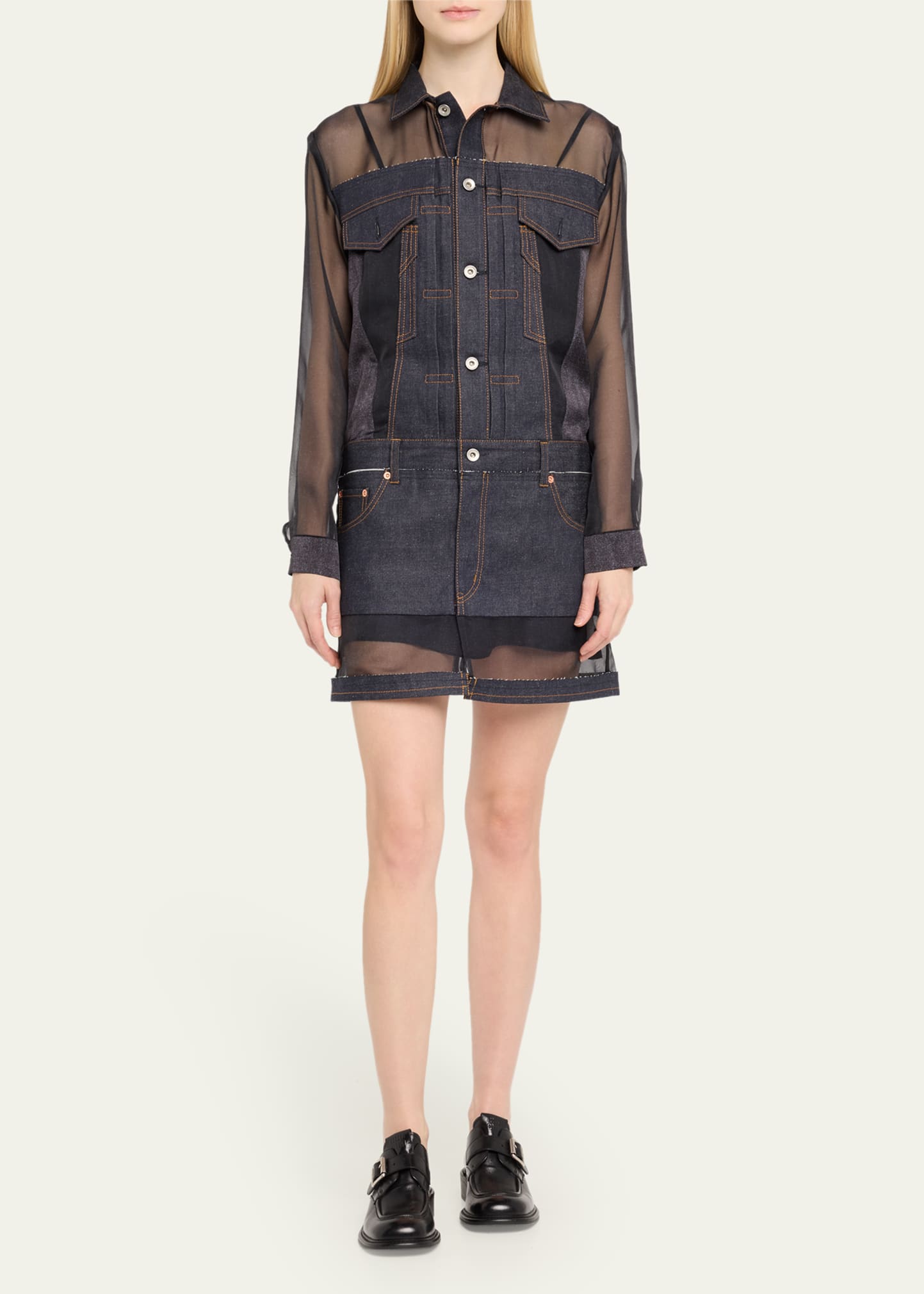 ■sacai■サカイ■Silk Panel Long Sleeve Denim Dress■ sacai Sacai Silk Panel Long Sleeve Denim Dress in Indigo at