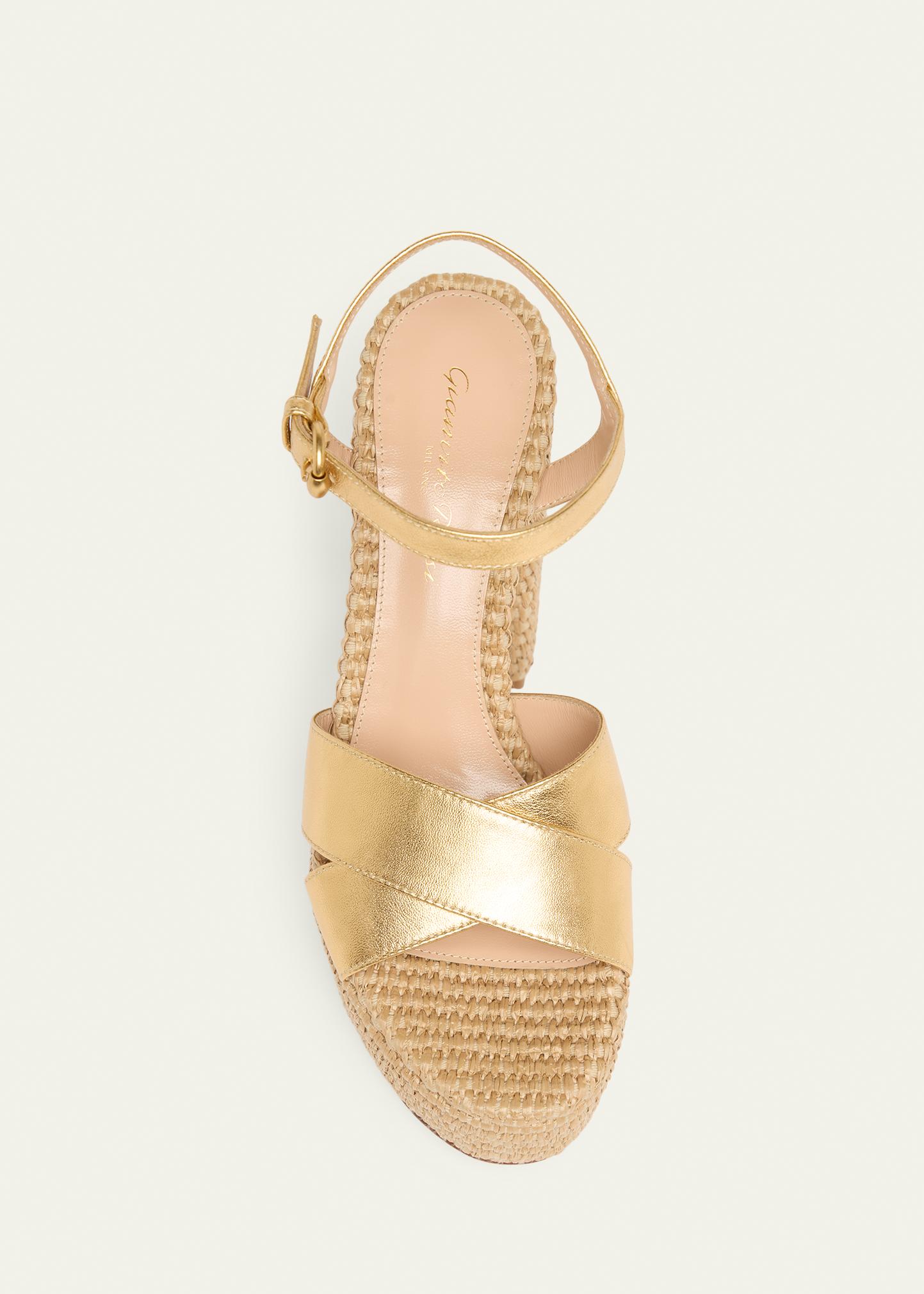 Gianvito Rossi Metallic Raffia Crisscross Platform Sandals