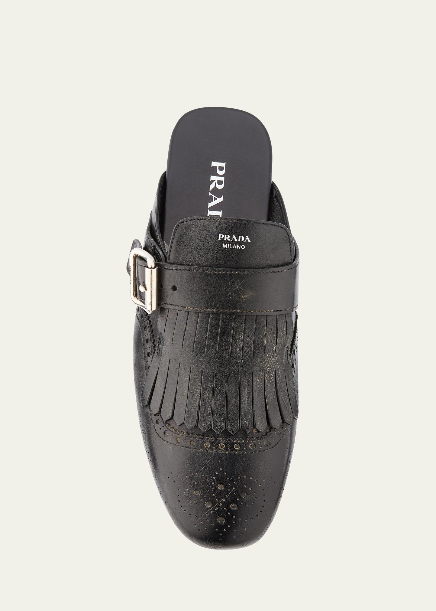 Prada Vitello Leather Fringe Shuffle Mule Loafers - Bergdorf Goodman