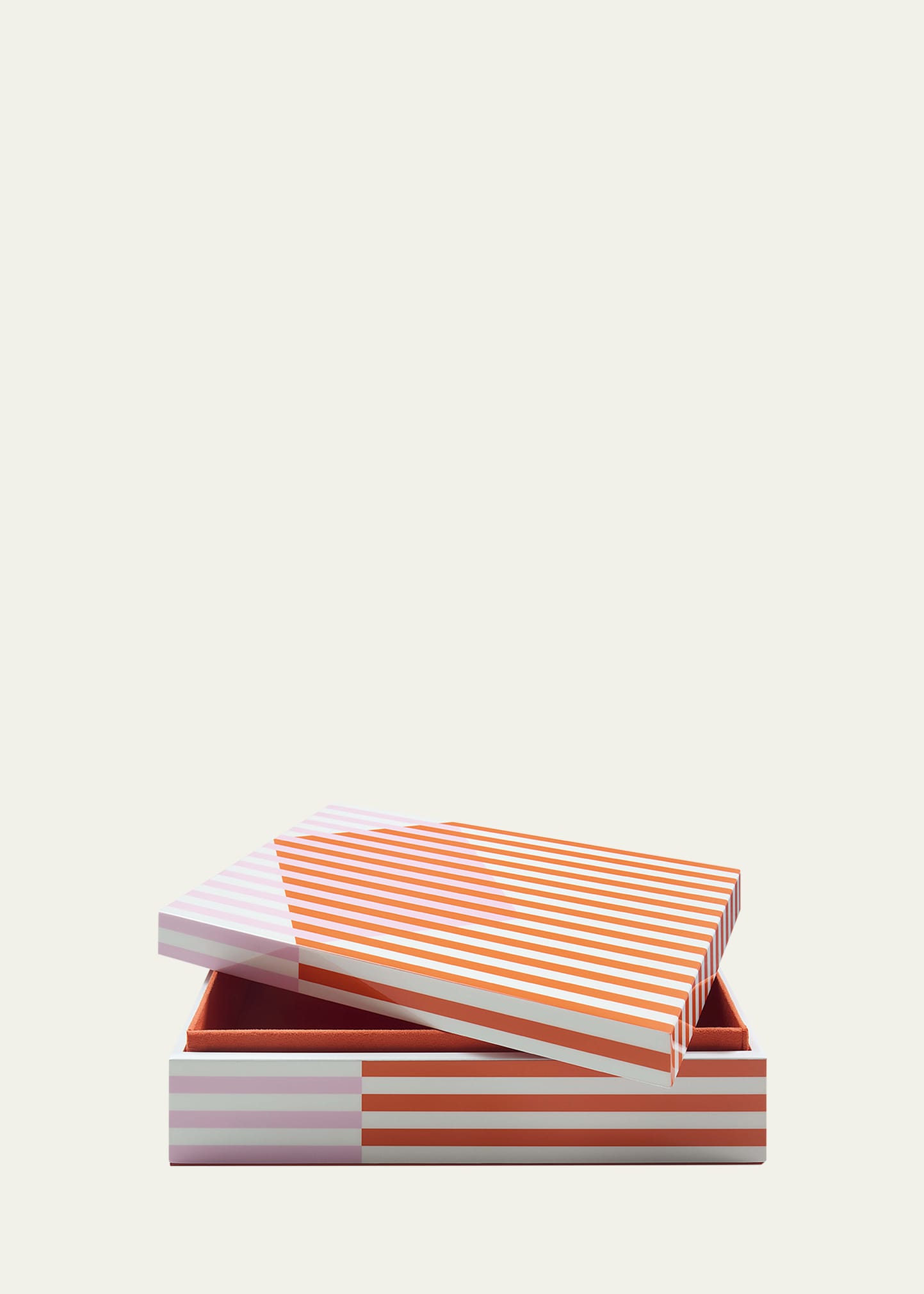 A striped gift box with a lid, featuring orange and pink stripes on white, open top reveals orange interior.