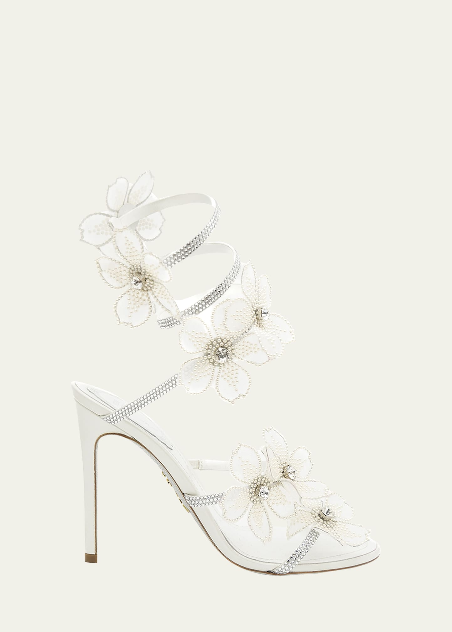 Rene Caovilla Floraine Crystal Flower Satin Snake Wrap Sandals