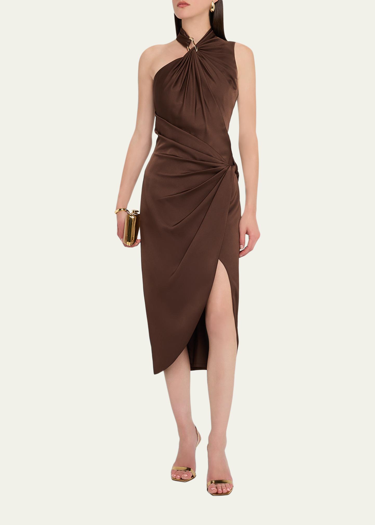 Aidan Mattox Pleated Bodycon Crepe Back Satin Midi Dress