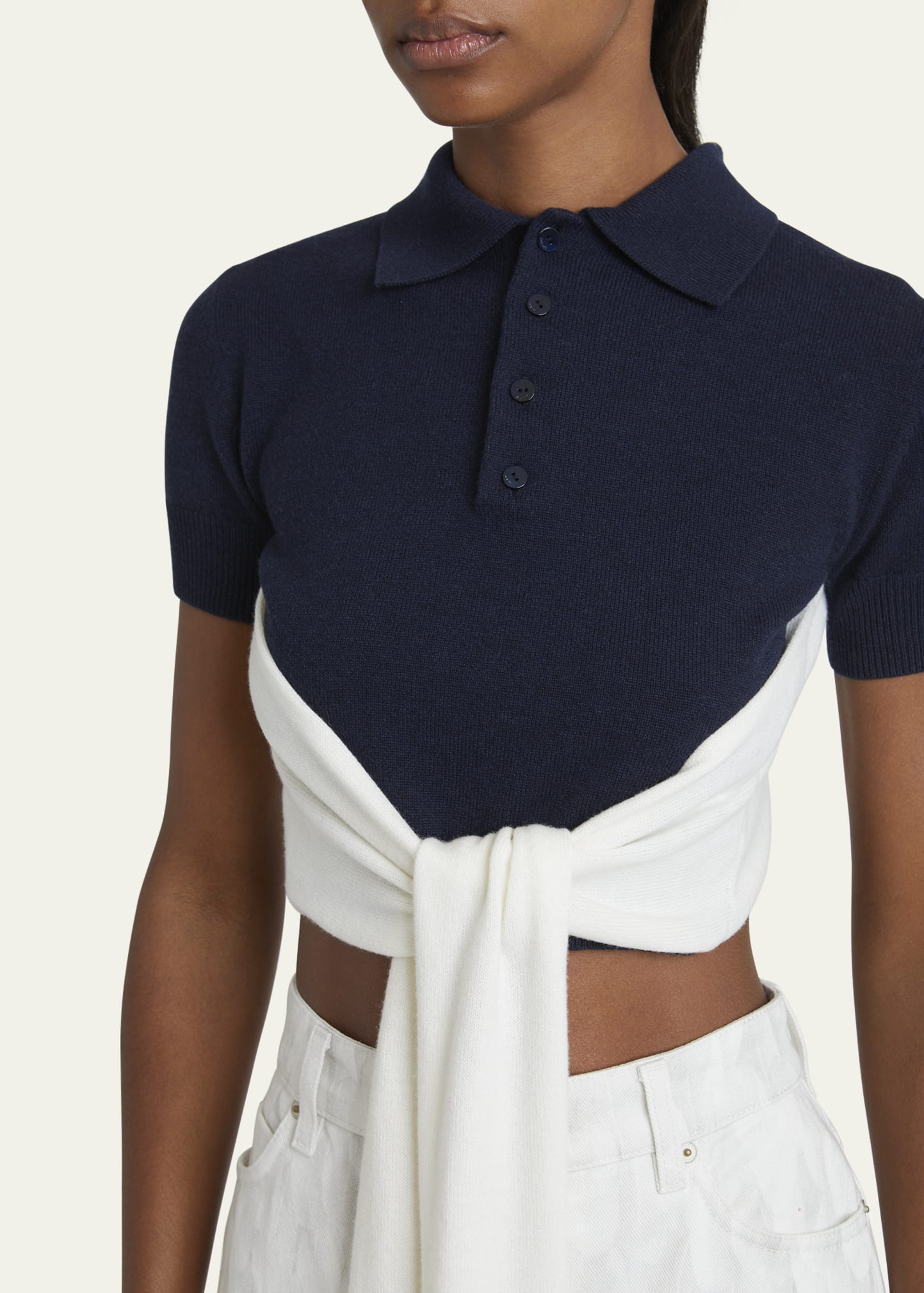 Loewe Colorblock Cropped Backless Wool Cashmere Polo Sweater with