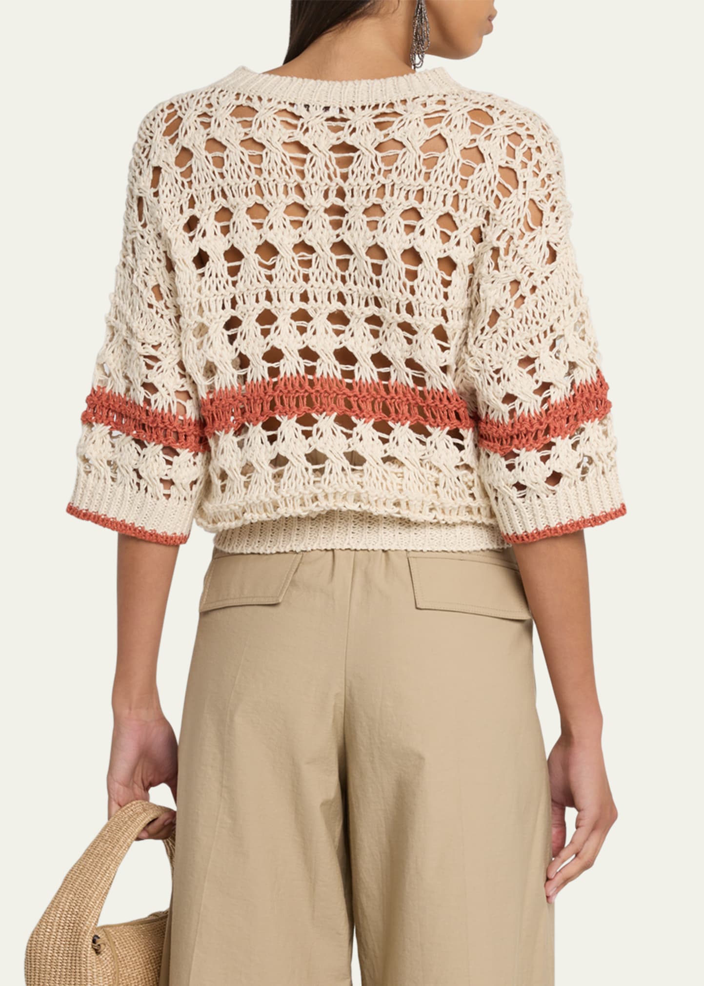 Brunello Cucinelli Stripe Cotton-Jute Open Knit Short-Sleeve