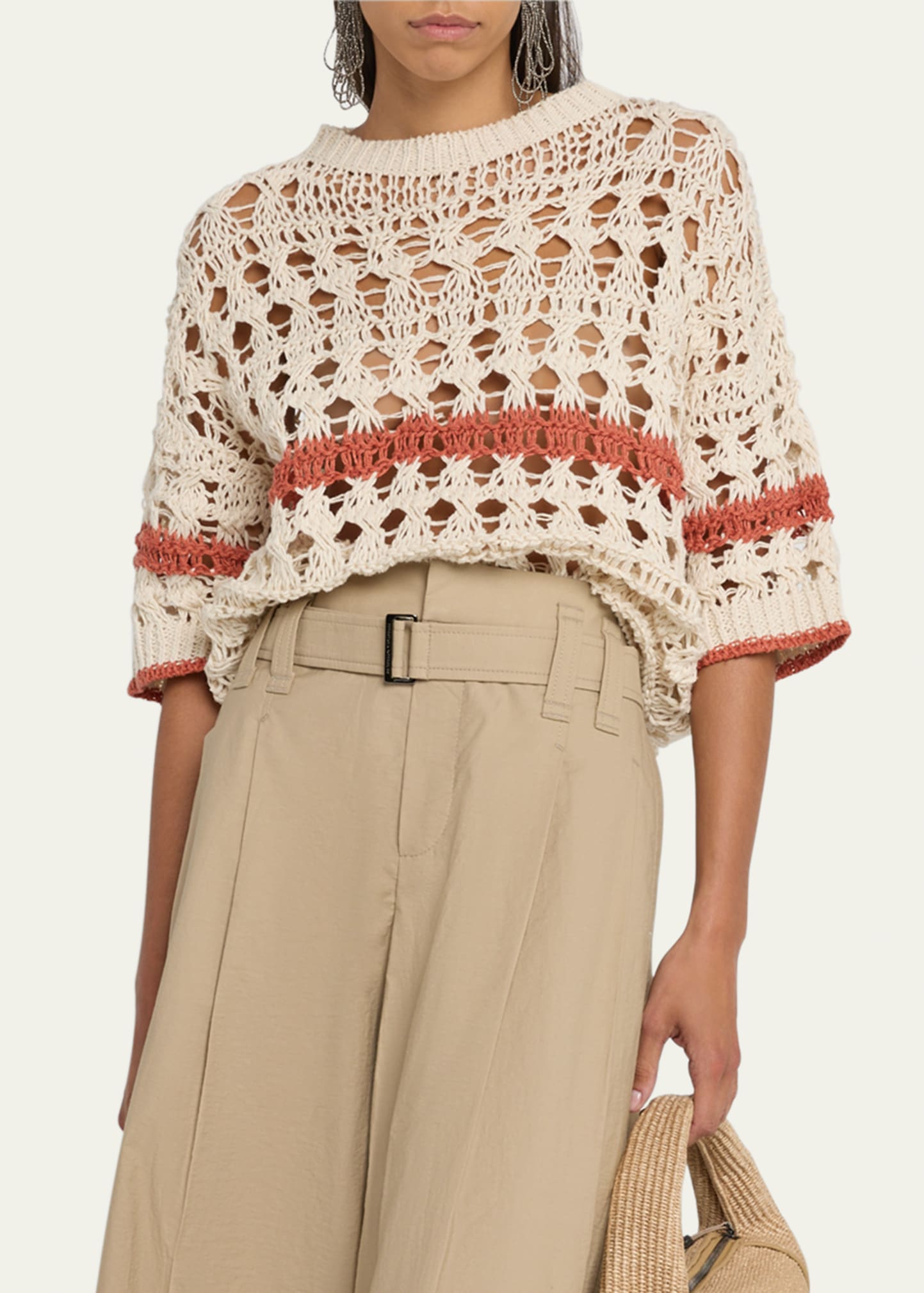 Brunello Cucinelli Stripe Cotton-Jute Open Knit Short-Sleeve