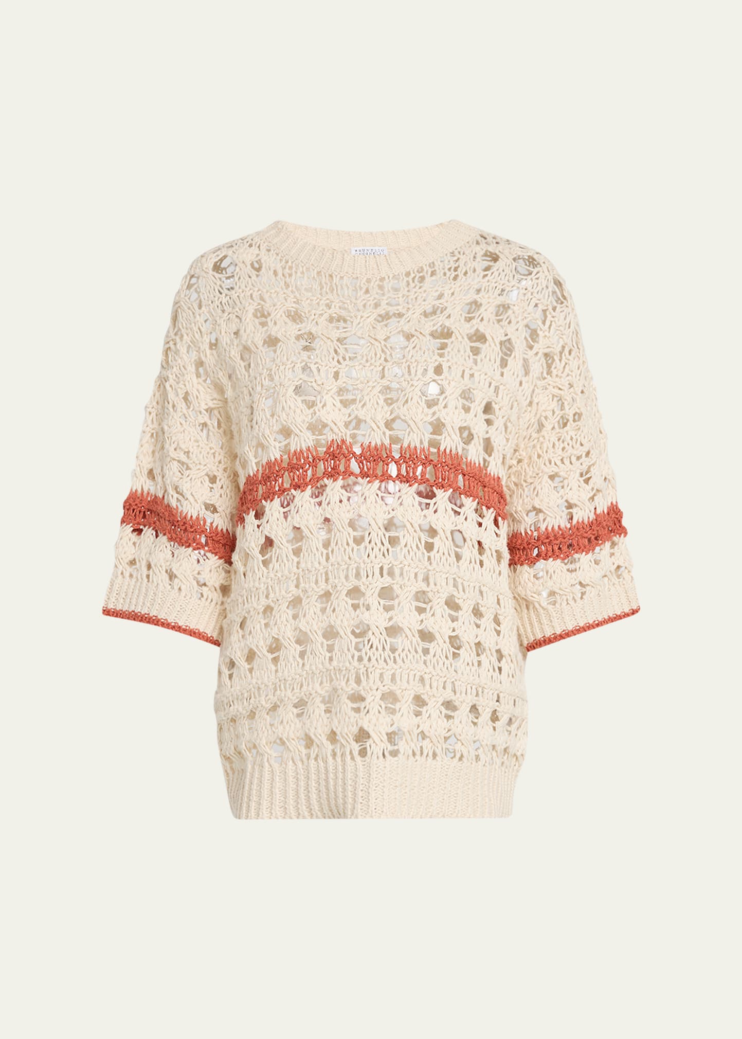 Brunello Cucinelli Stripe Cotton-Jute Open Knit Short-Sleeve