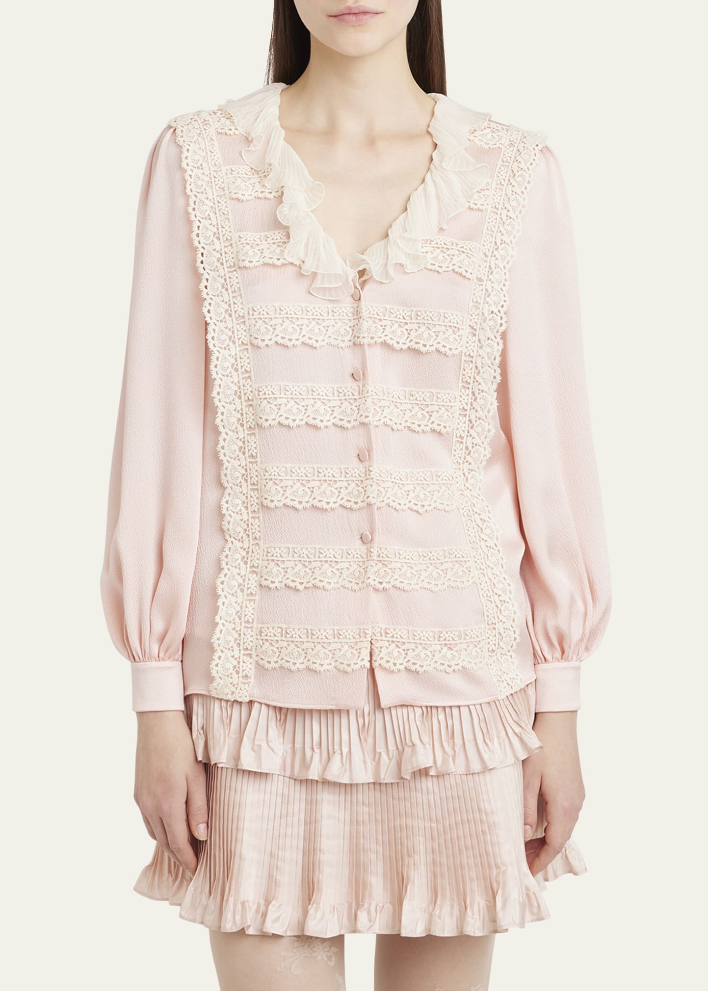 VALENTINO フクルストレトヘムミニスカト 5B3RABV5 8SBZ7R Valentino Garavani Ruffle V-Neck Lace Trim Silk Shirt