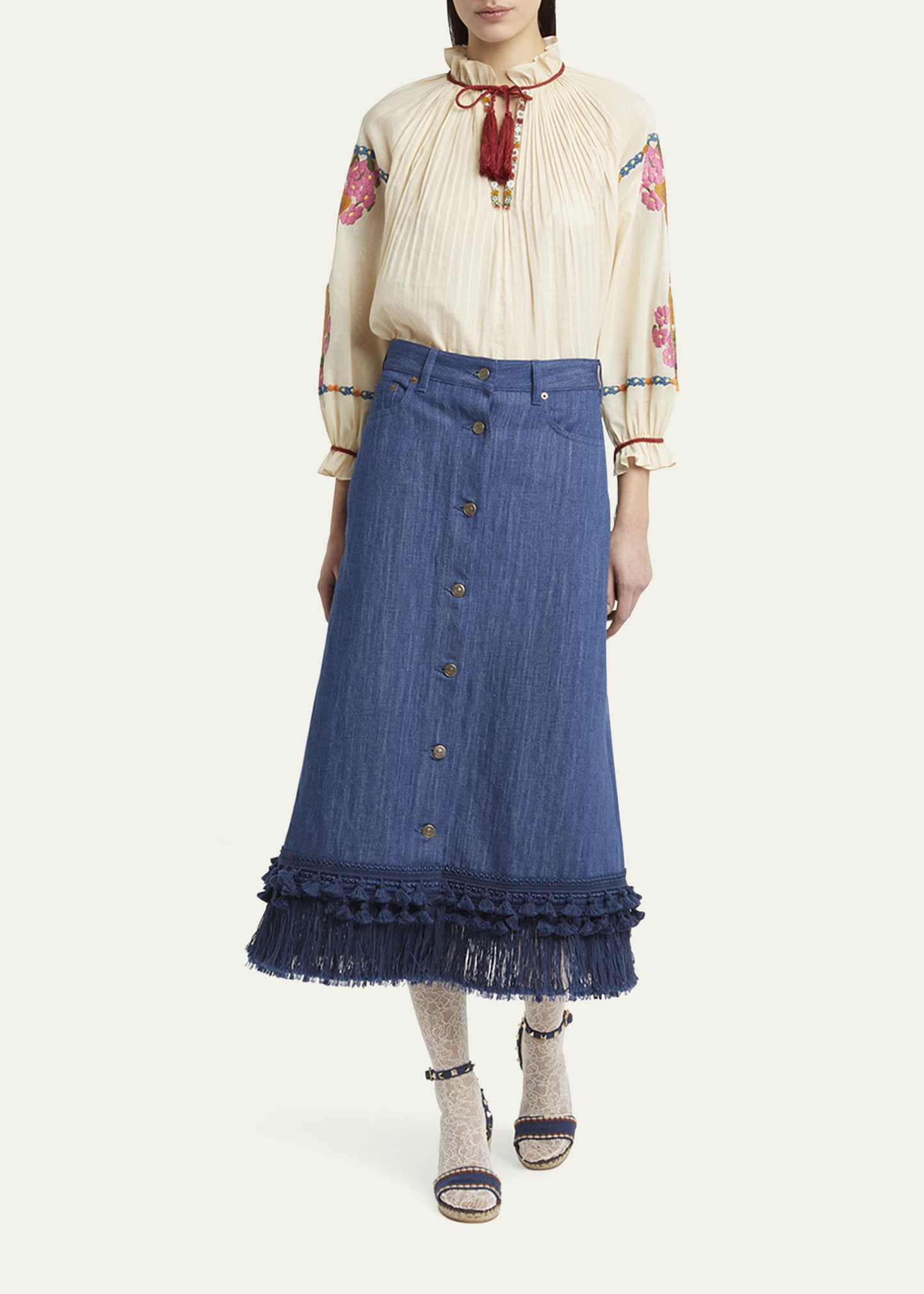 Valentino Garavani Tassel Button-Fly Denim Skirt - Bergdorf