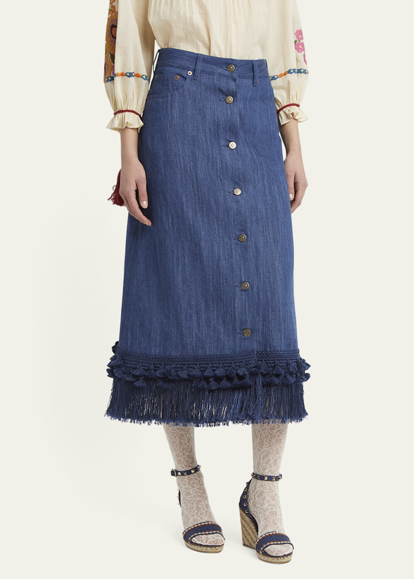 Valentino Garavani Tassel Button-Fly Denim Skirt - Bergdorf