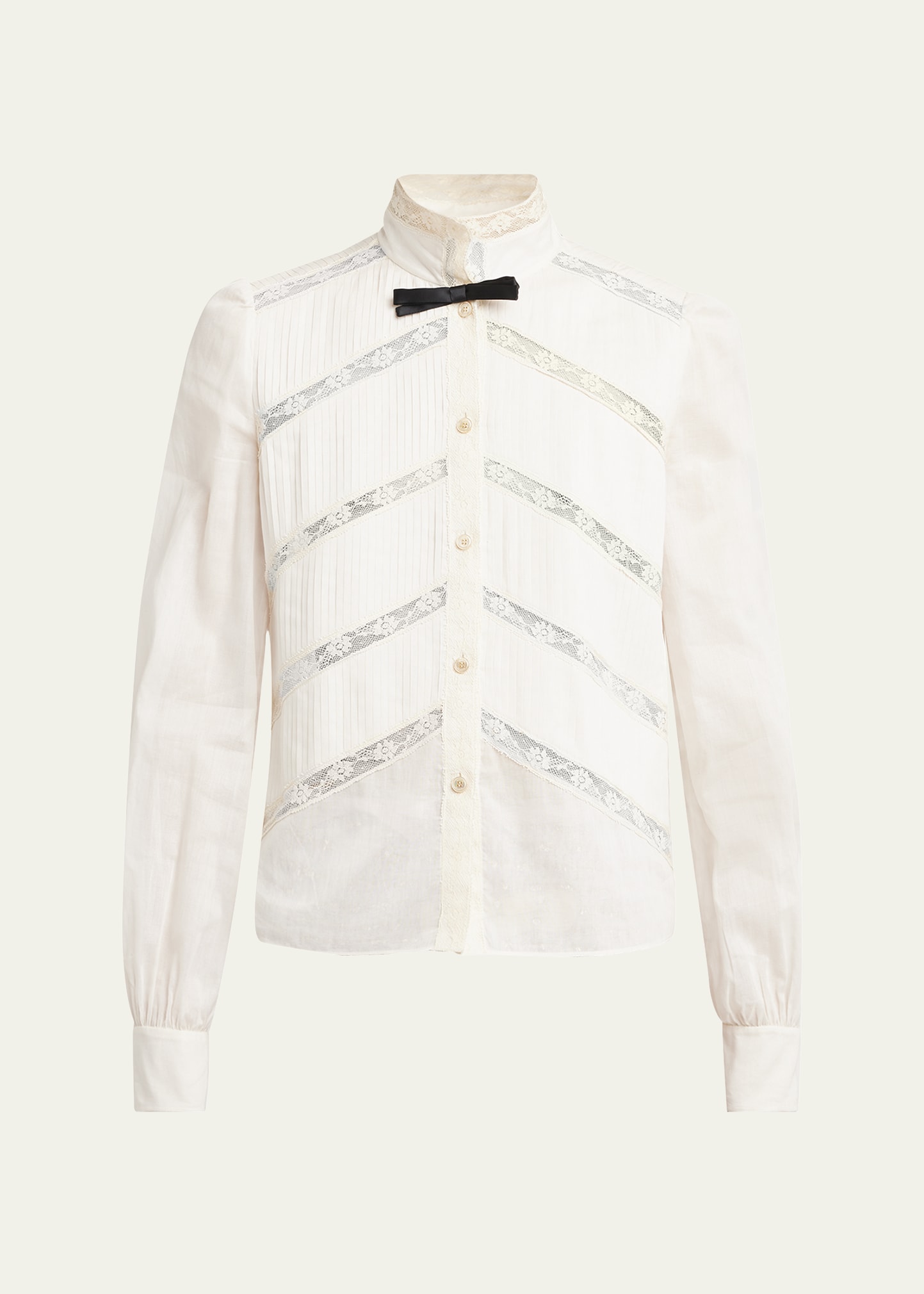 【Valentino】ブロケードパッチ コットンシャツ Valentino Garavani Lace-Inset Pintuck Cotton Blouse