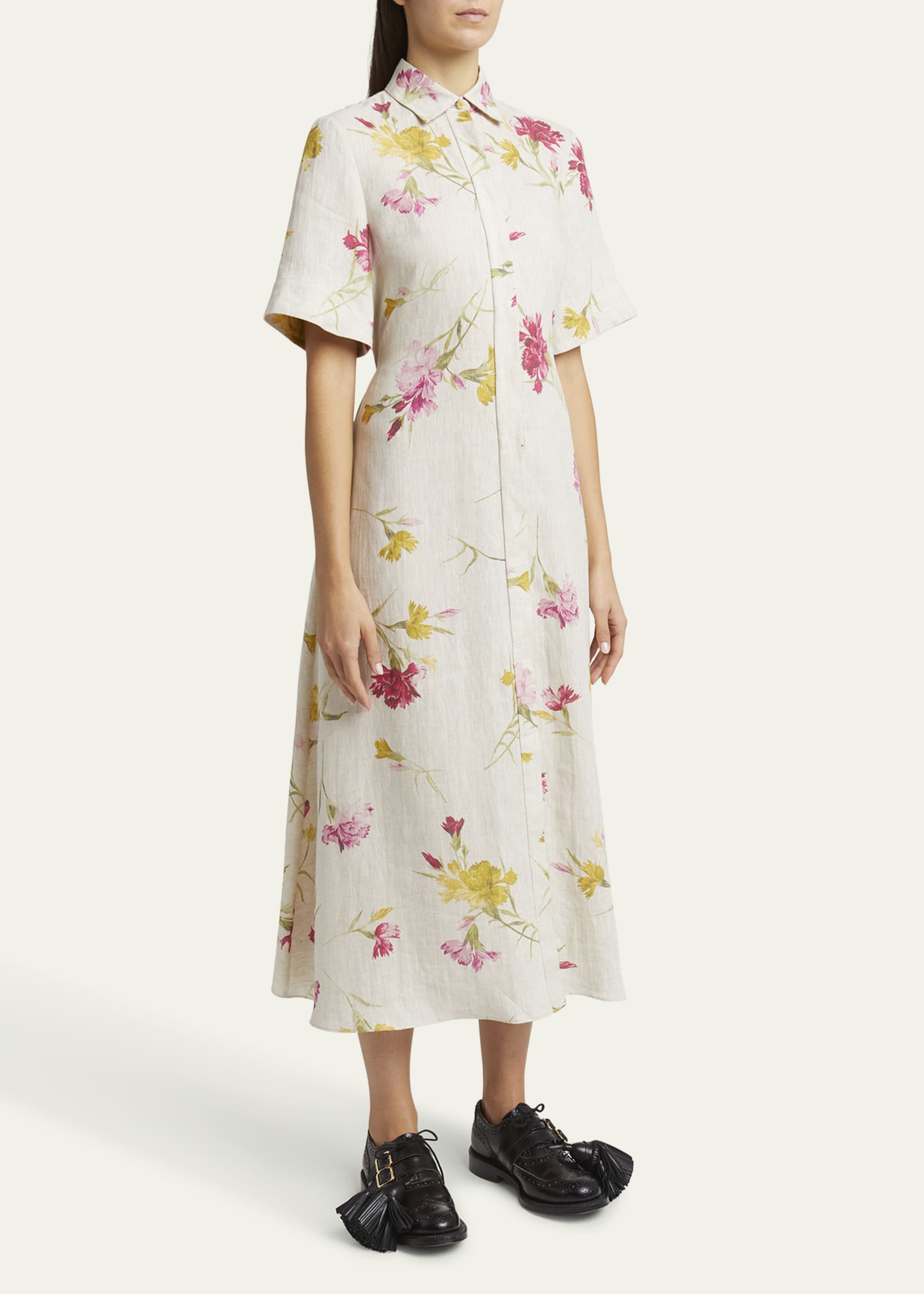 Erdem Floral Short Sleeve Midi Linen Shirtdress - Bergdorf
