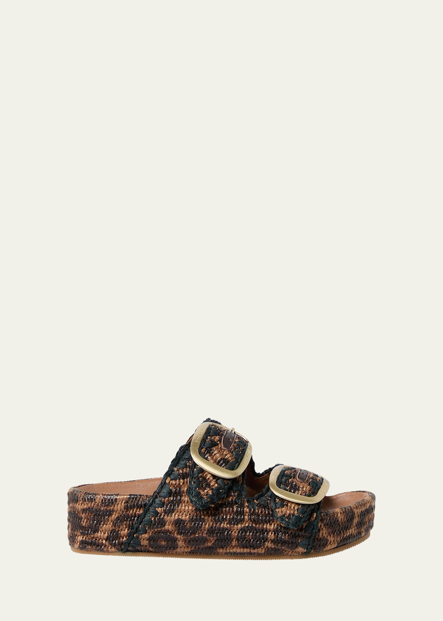 Theo Leopard-Print Raffia Dual-Buckle Slide Sandals