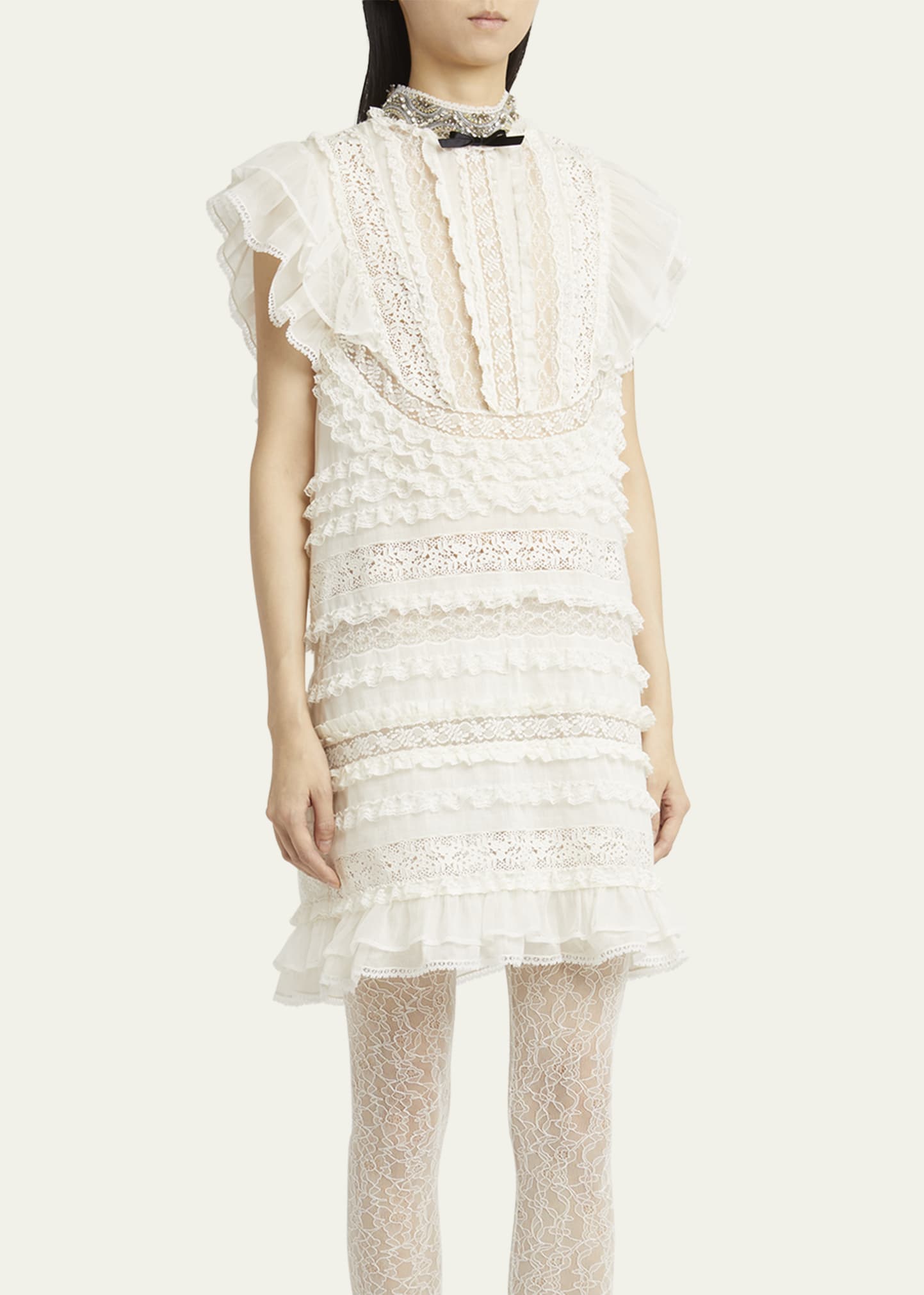 Valentino Garavani Crystal Neckline Ruffle Bow Linen Dress