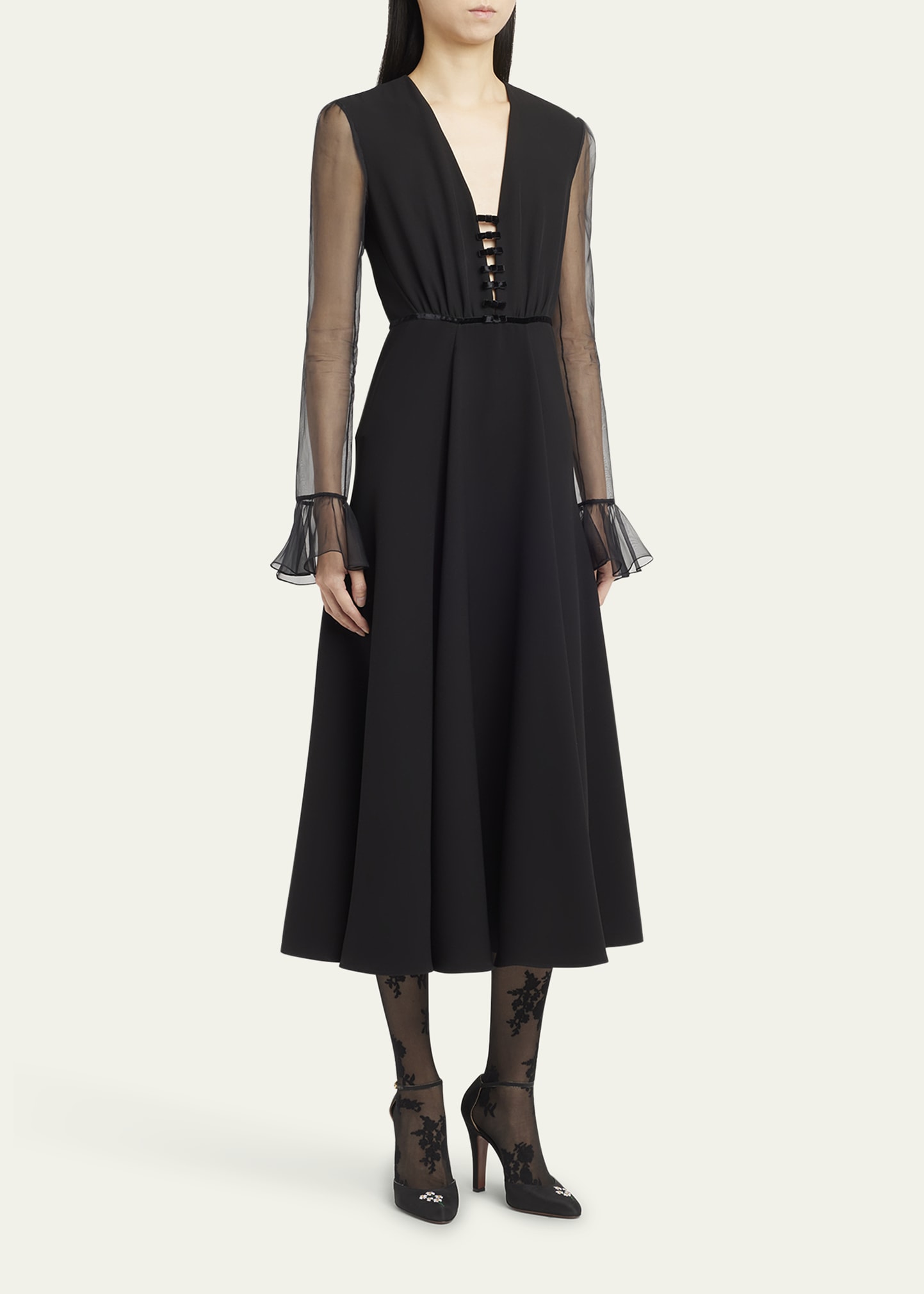 Valentino Garavani Bow-Embellished Illusion Silk Midi Dress