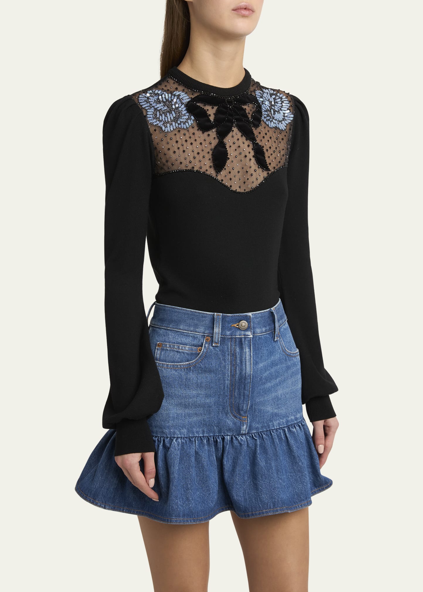VALENTINO GARAVANI ニットビスチェ ネイビー Valentino Garavani Beaded Floral Sheer Bust Wool Sweater