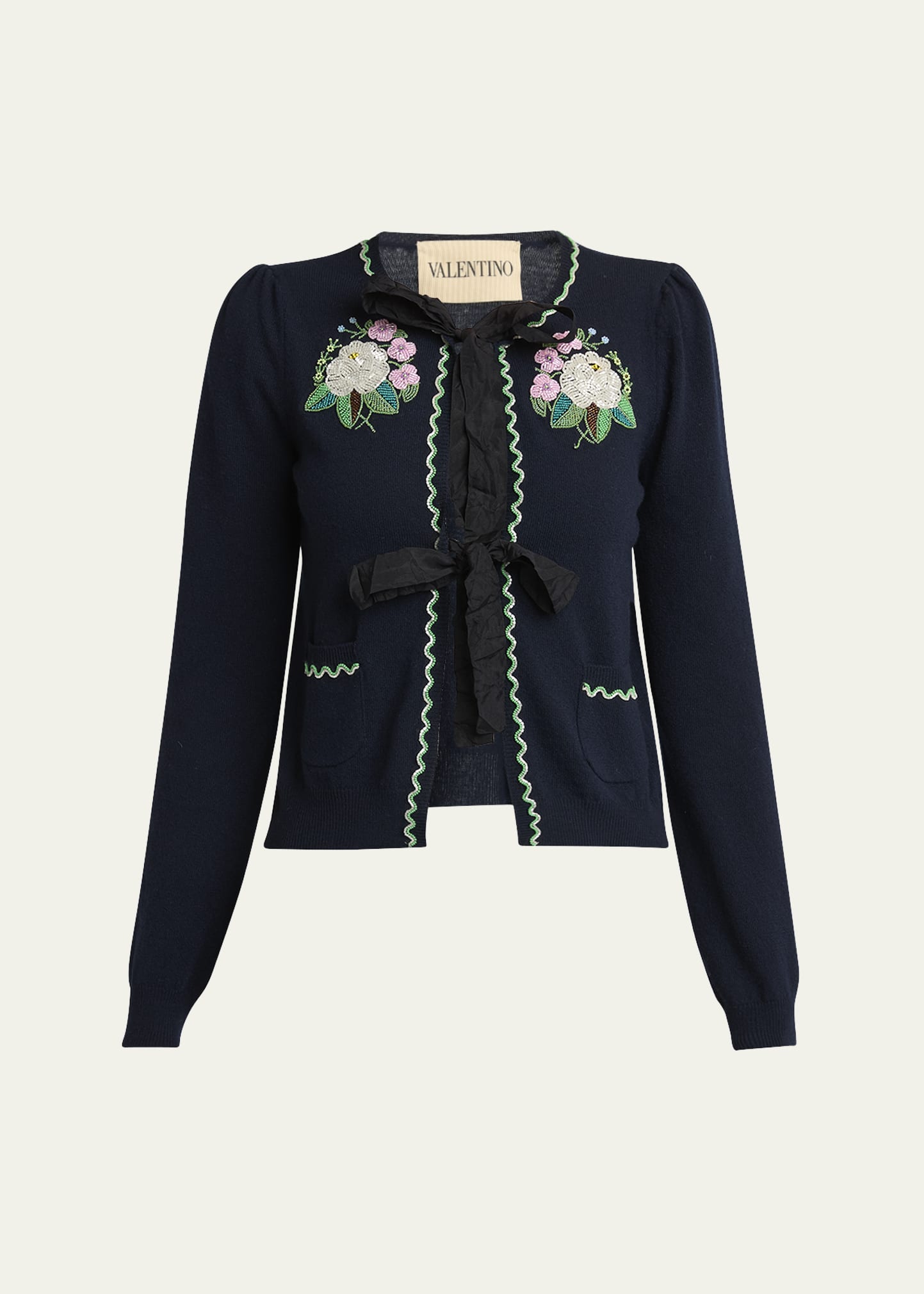 VALENTINO GARAVANI シルク混 メリノウール カーディガン 伊製 Valentino Garavani Floral Embroidered Bow-Tie Wool Cardigan