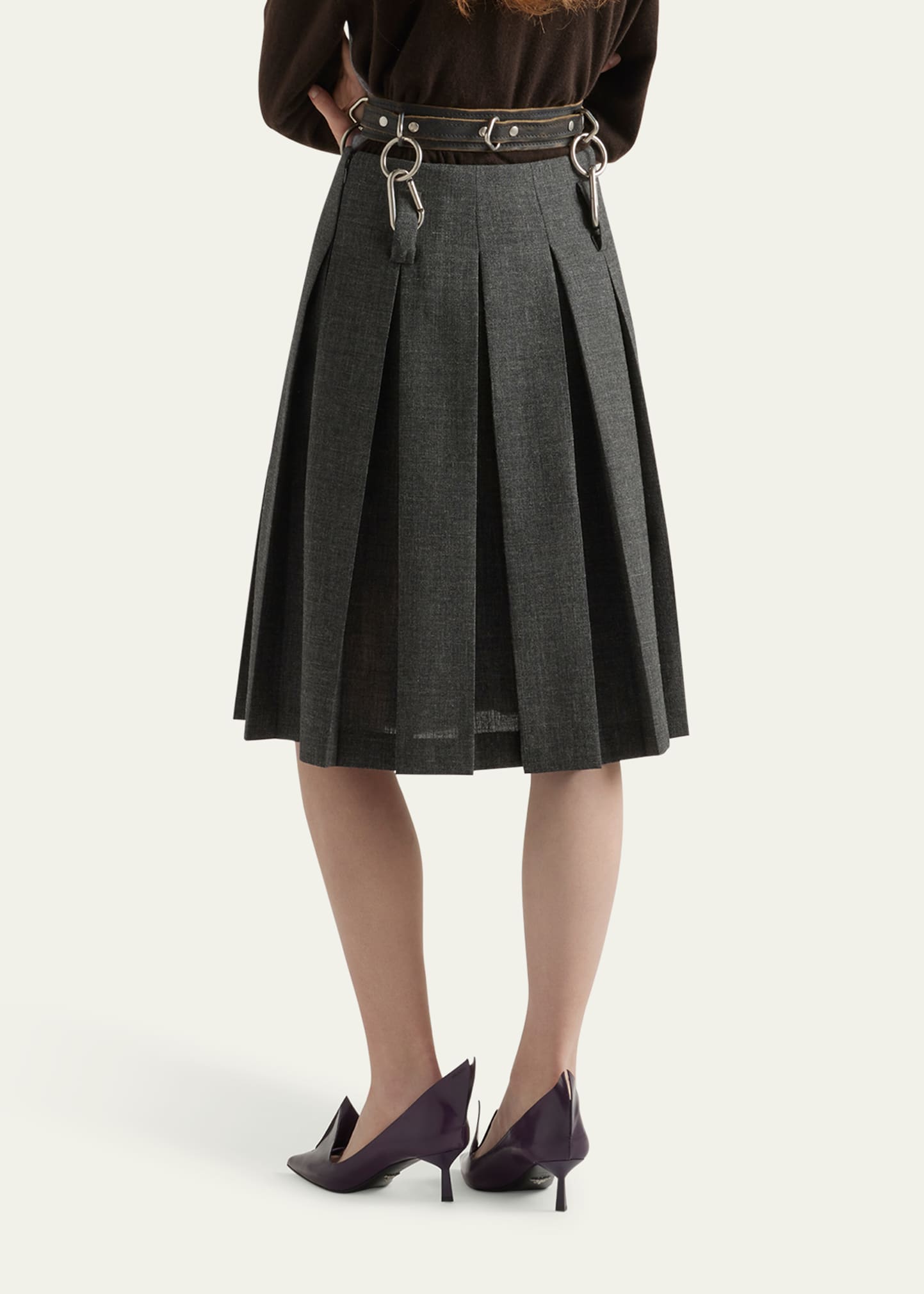 Prada Suspended Leather Belt Pleated Wool Skirt - Bergdorf