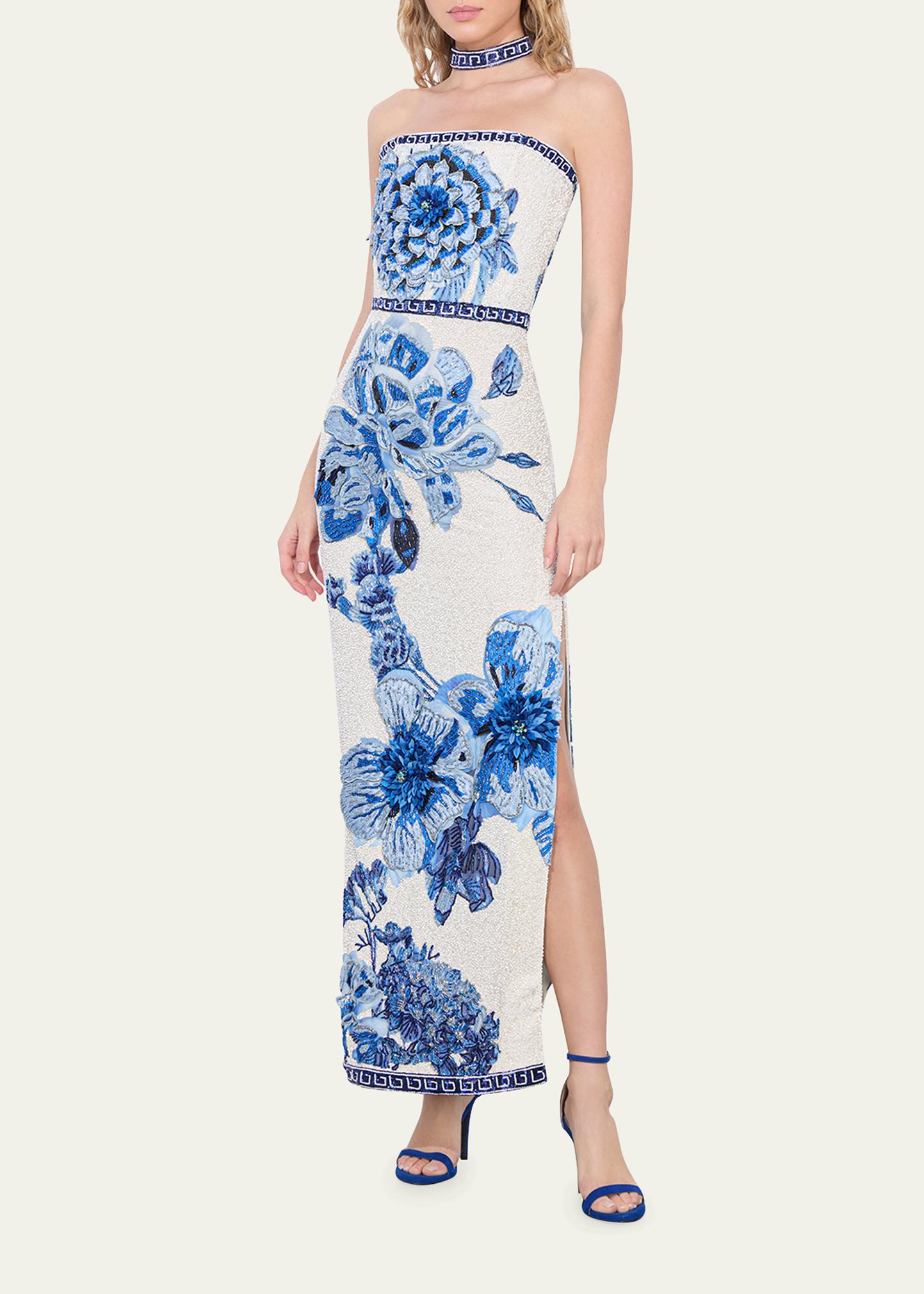 ALICE + OLIVIA Georgie Embellished Strapless High Slit Gown with Collar
