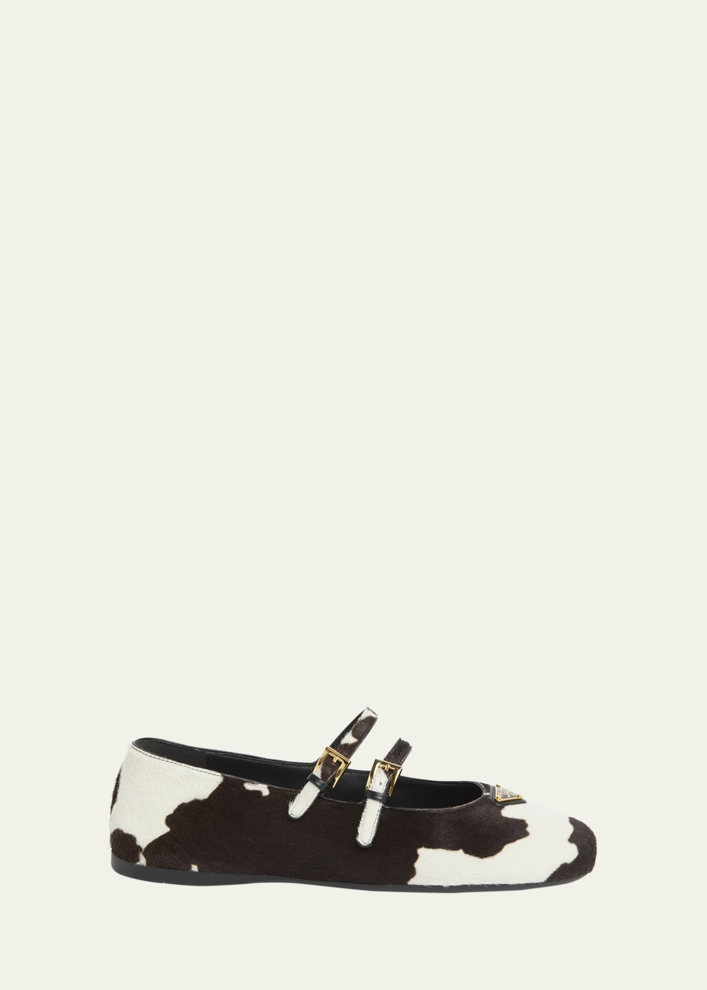 Prada Cow Hair Double Mary Jane Triangle Logo Ballerina Flats