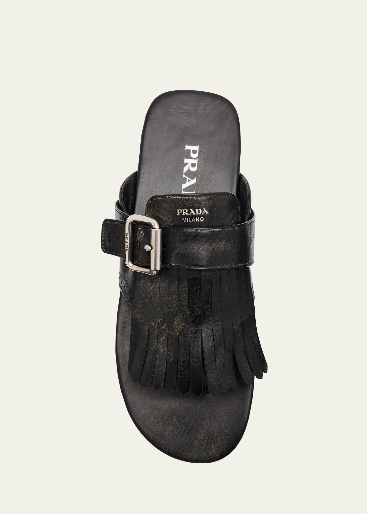 Prada Vitello Leather Fringe Buckled Thong Sandals - Bergdorf Goodman