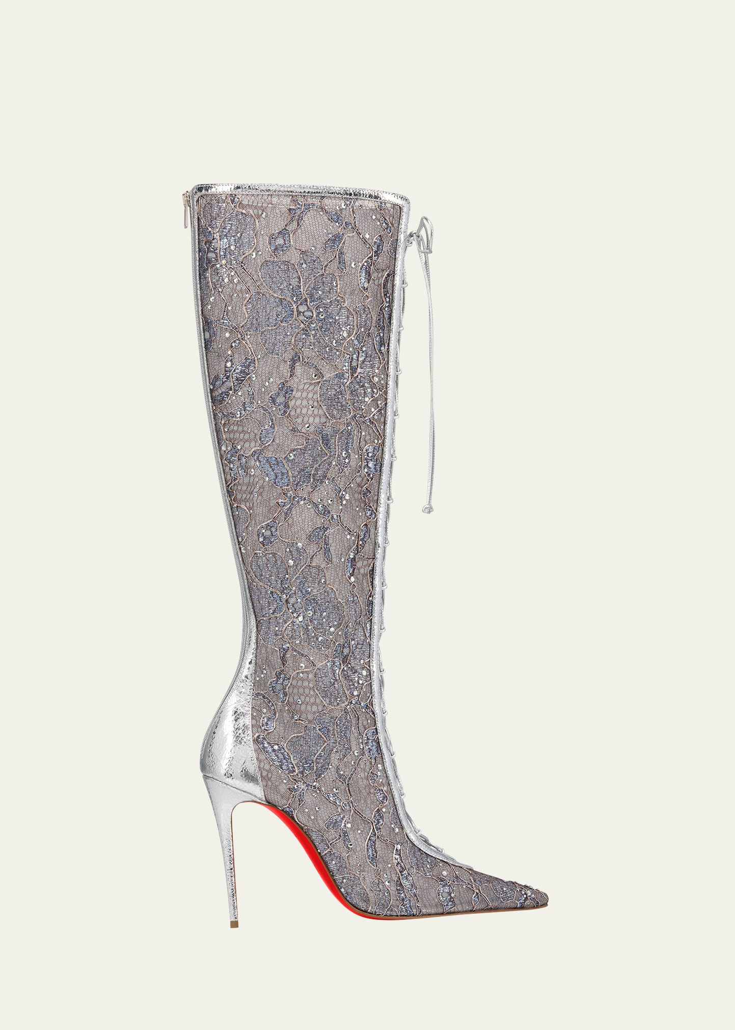 Christian Louboutin KM Lace Strass Red Sole Knee-High Boots