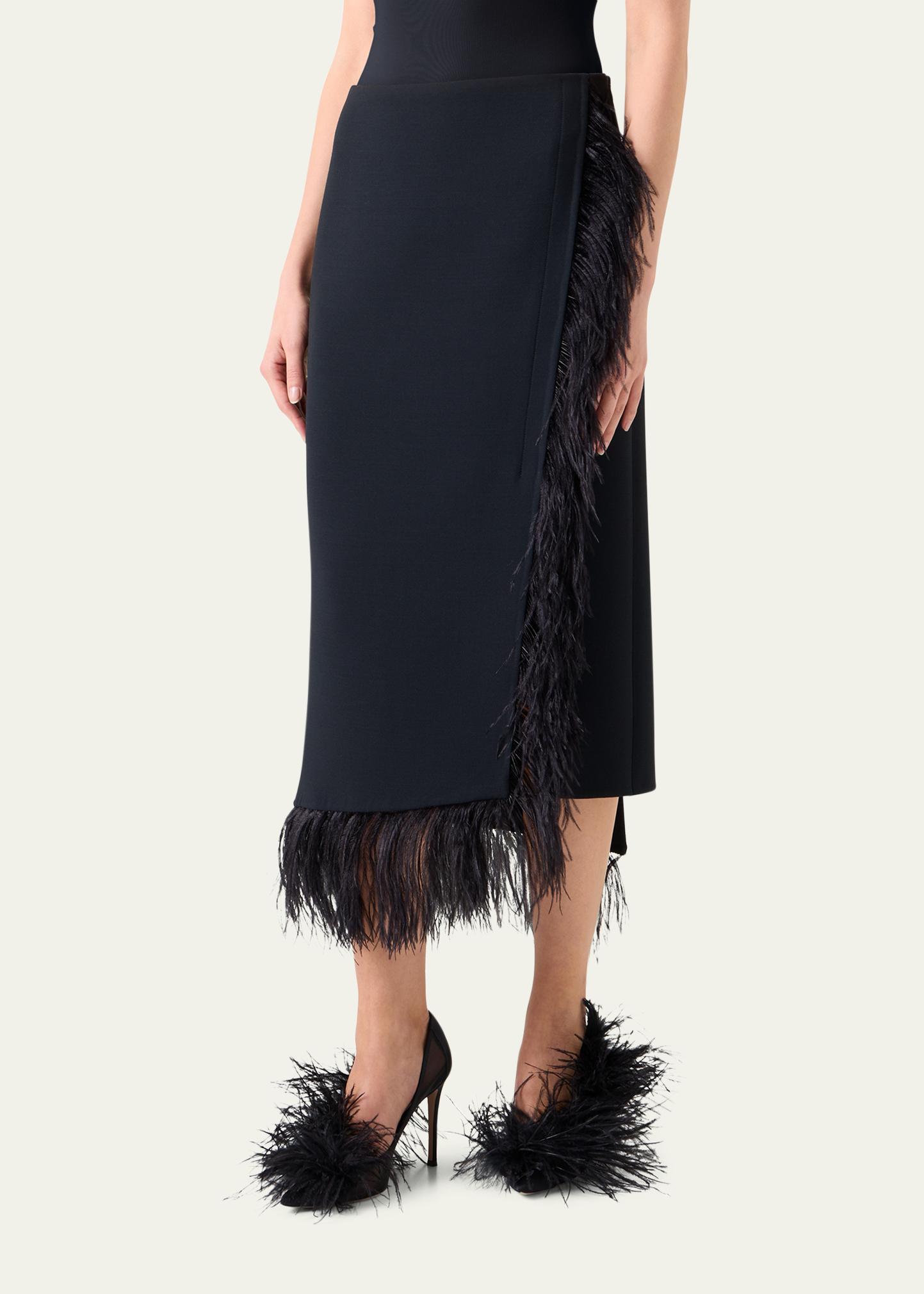Akris Feather-Trim Wool Stretch Double Face Midi Wrap Skirt