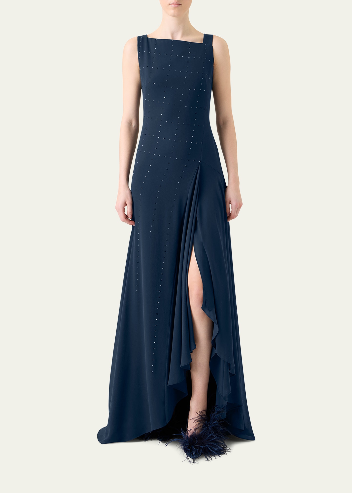 akris dress Women's Crystal-Embellished Silk Gown - Navy Cap sleeves Sleeveless Blazer Dress in Wool