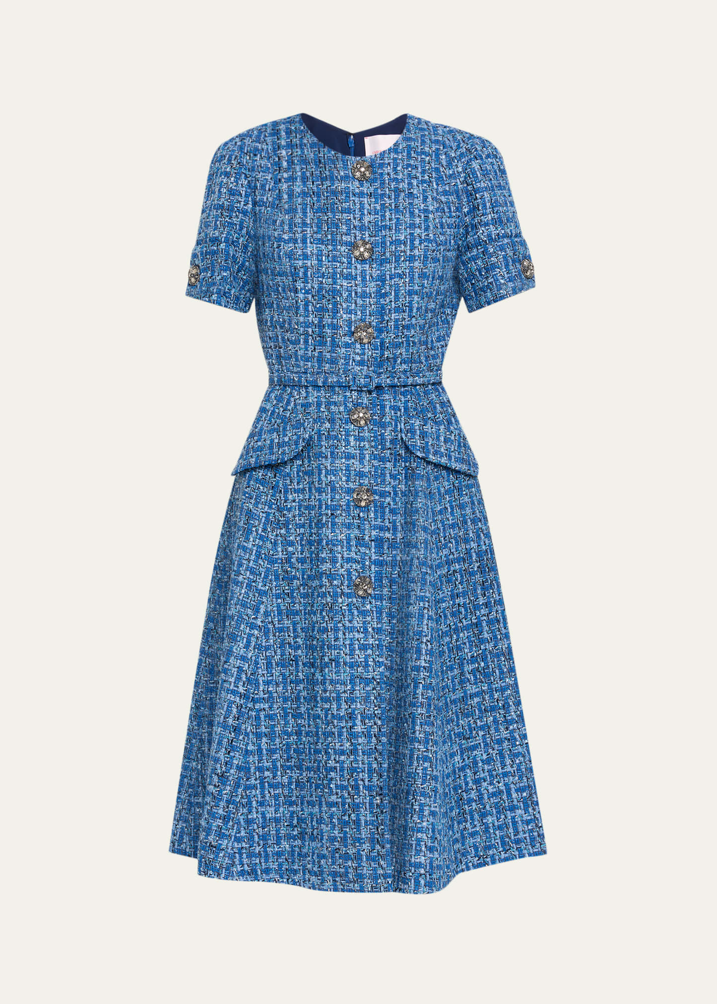Carolina Herrera Crystal Button-Front Tweed Midi Dress With Belt - Bergdorf  Goodman