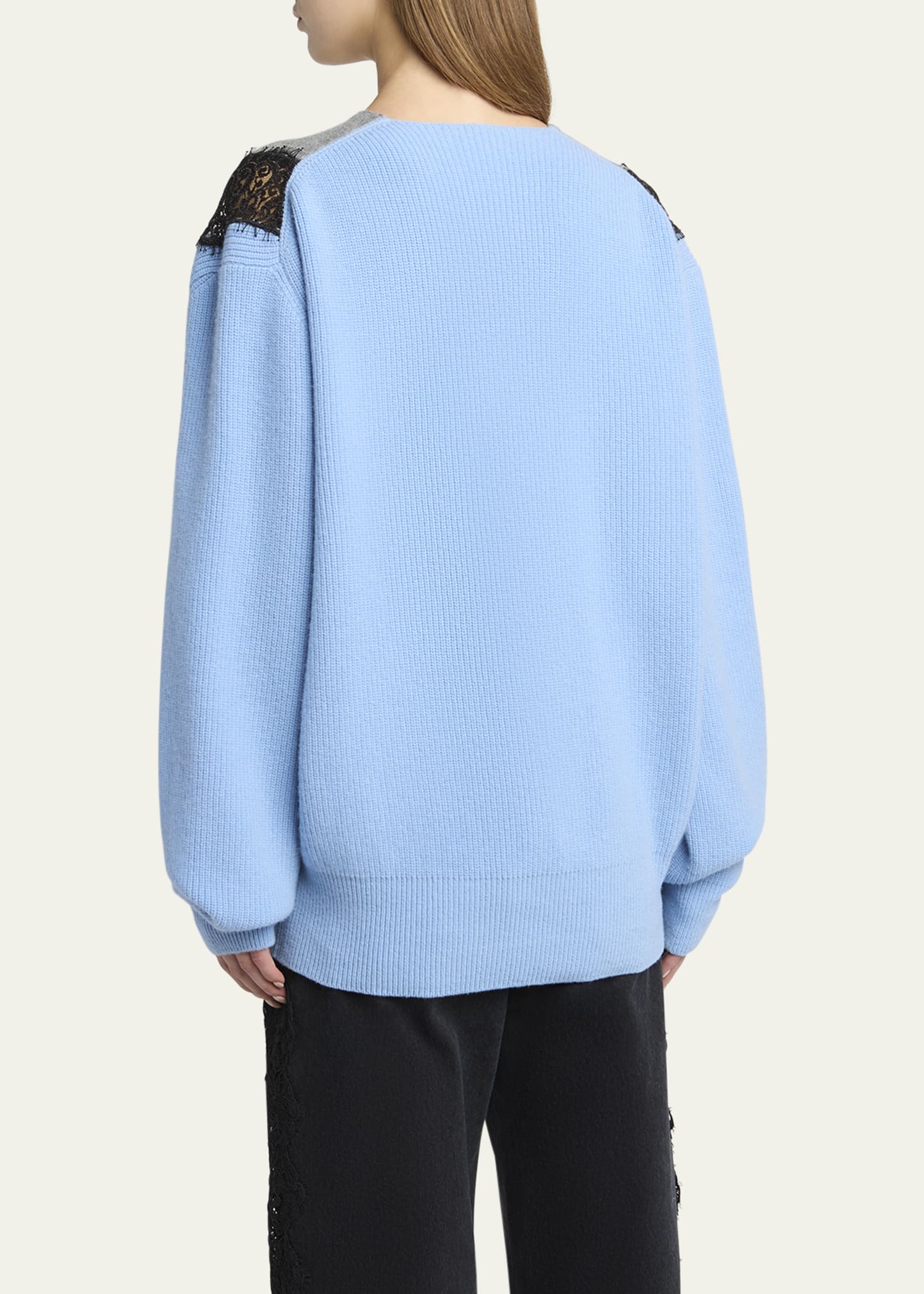 Stella McCartney Colorblock Lace Insert V-Neck Ribbed Wool Sweater