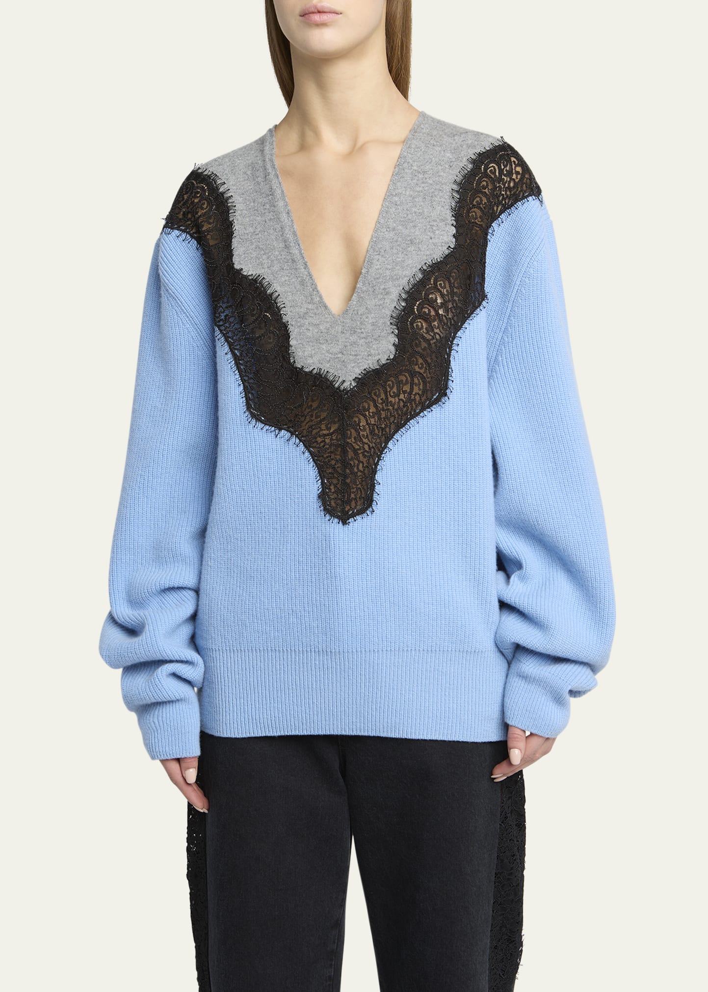 Stella McCartney Colorblock Lace Insert V-Neck Ribbed Wool Sweater