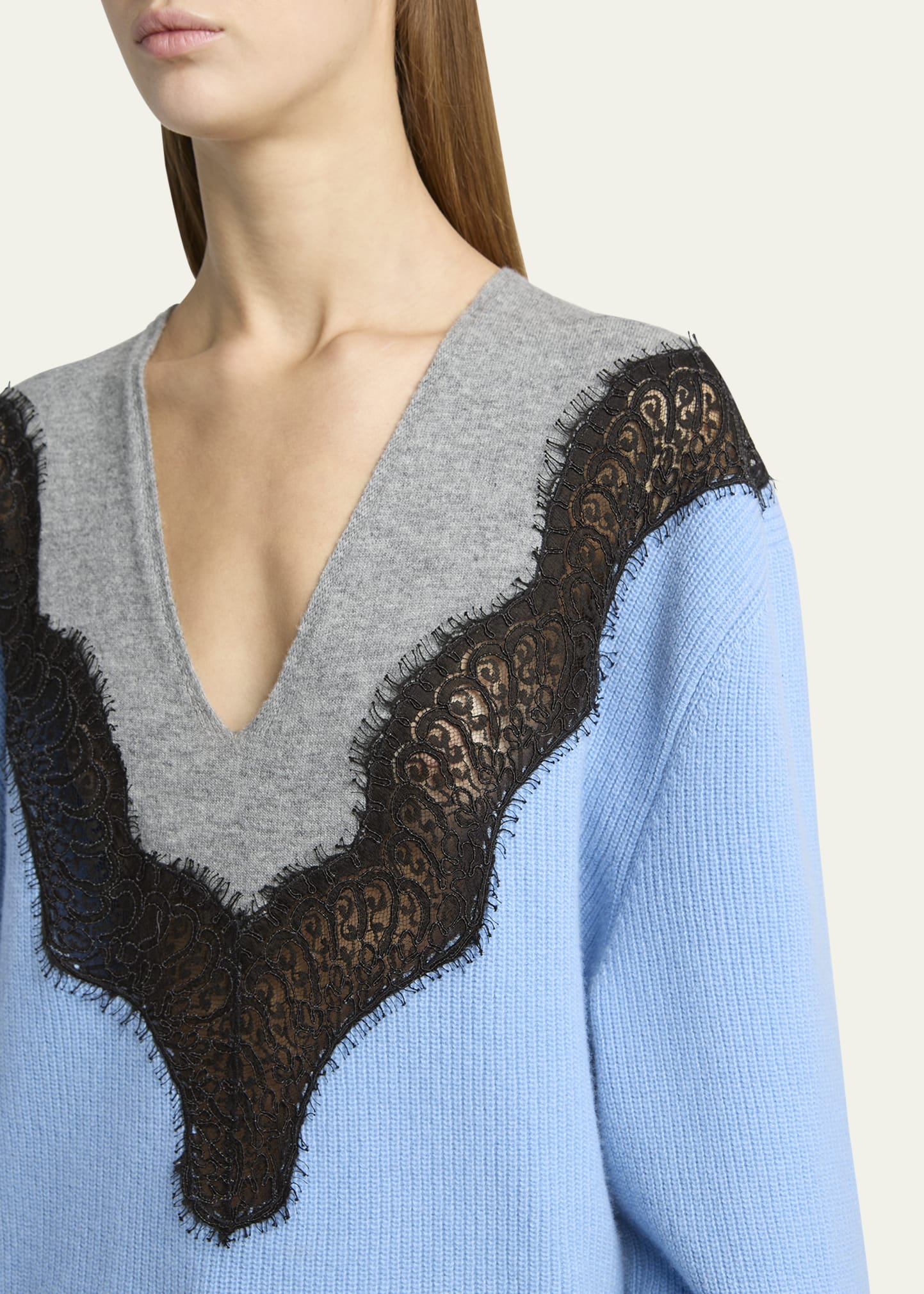 Stella McCartney Colorblock Lace Insert V-Neck Ribbed Wool Sweater