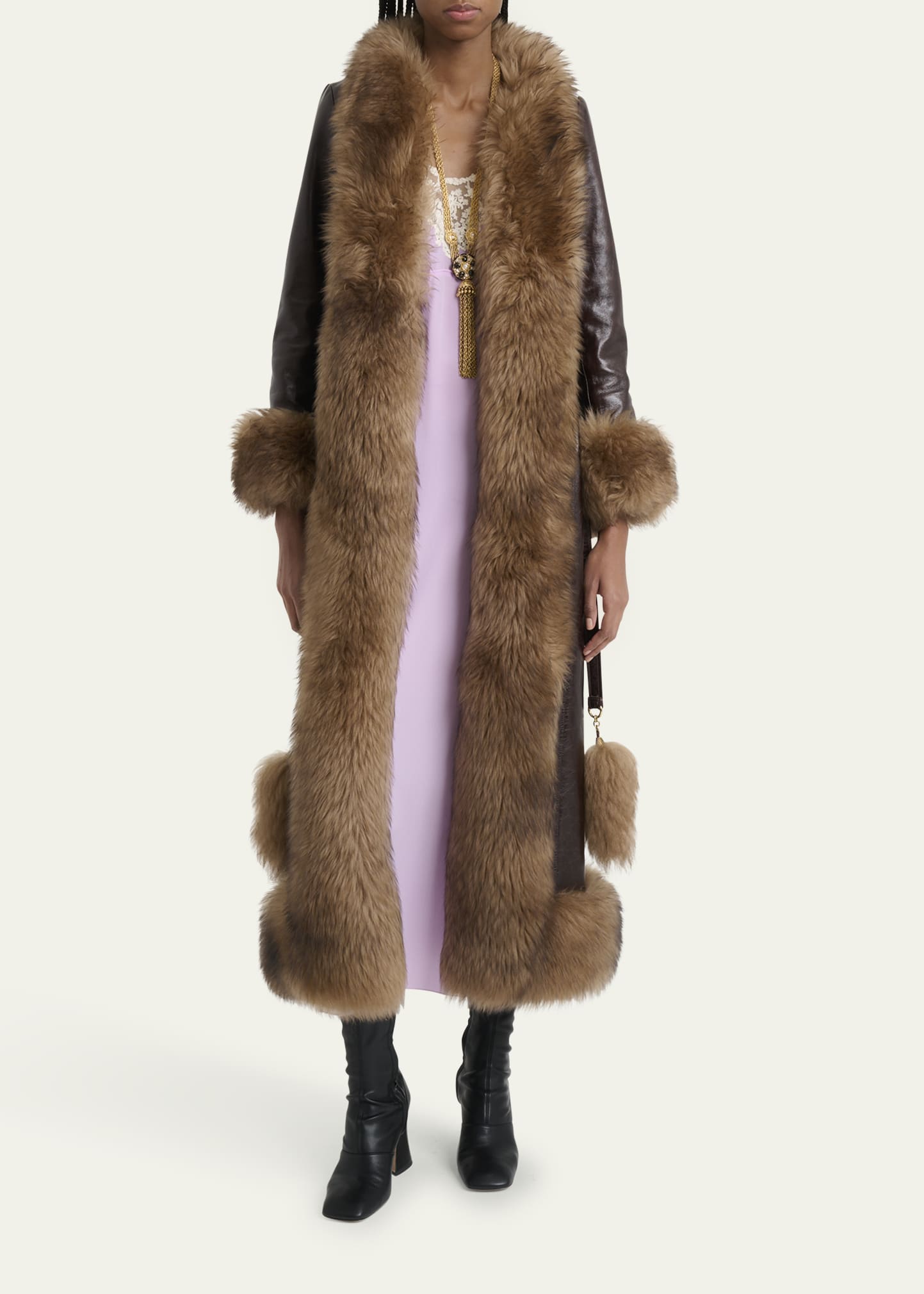 Chloe Lamb Shearling-Trim Shiny Leather Long Coat - Bergdorf Goodman