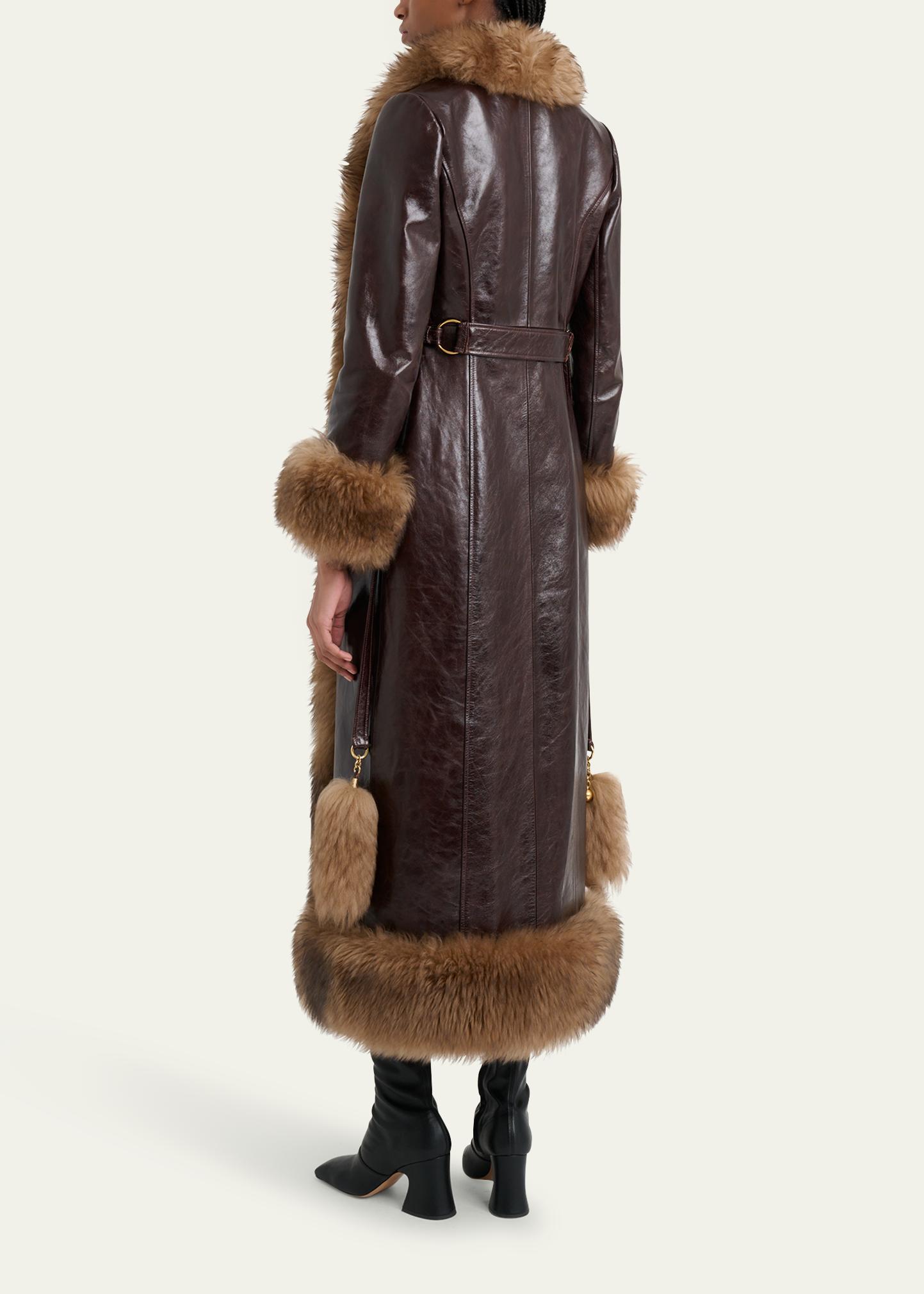 Chloé Lamb Shearling-Trim Shiny Leather Long Coat - Bergdorf Goodman