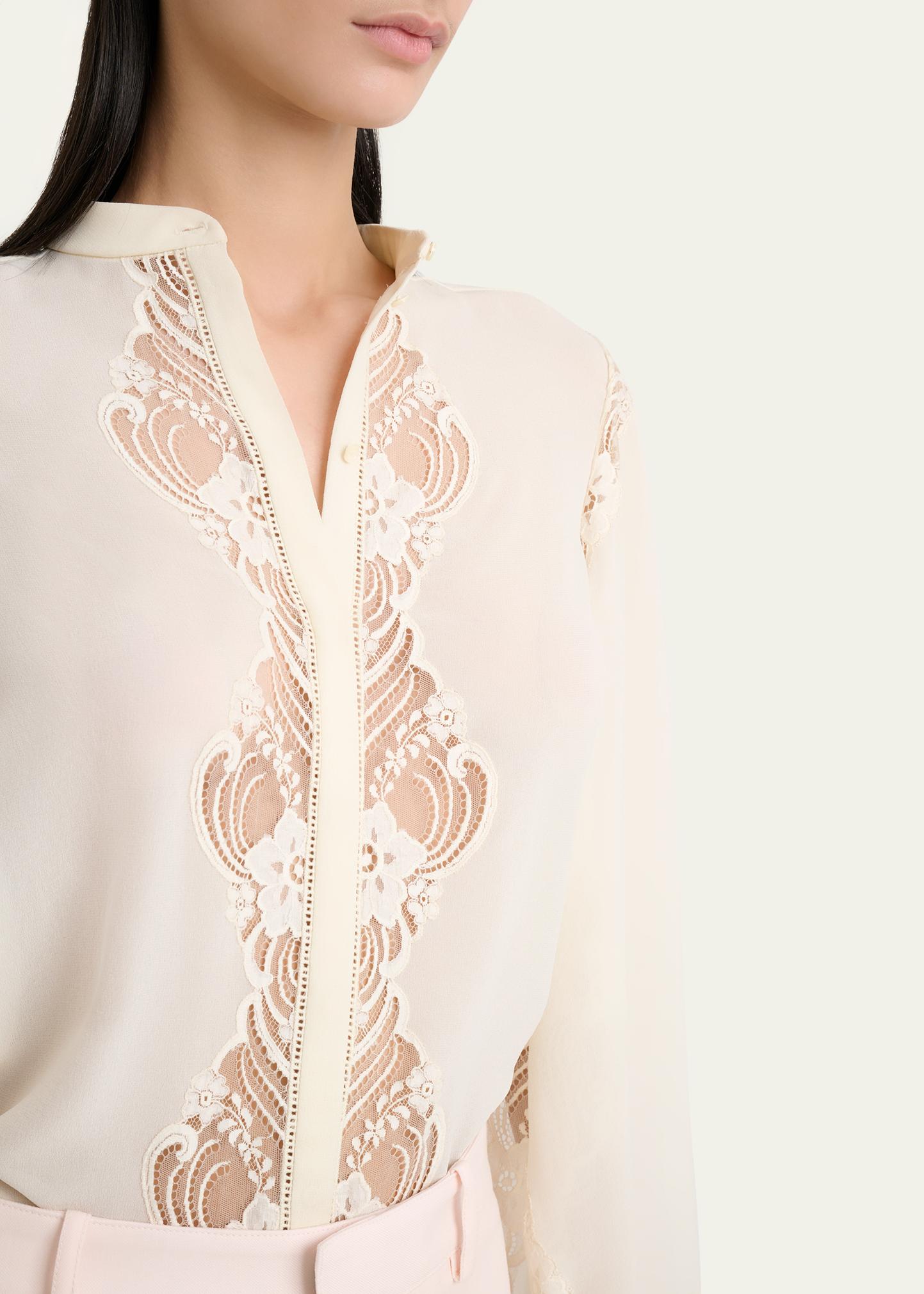 Chloe Lace Placket Tulip-Sleeve Silk Blouse - Bergdorf Goodman