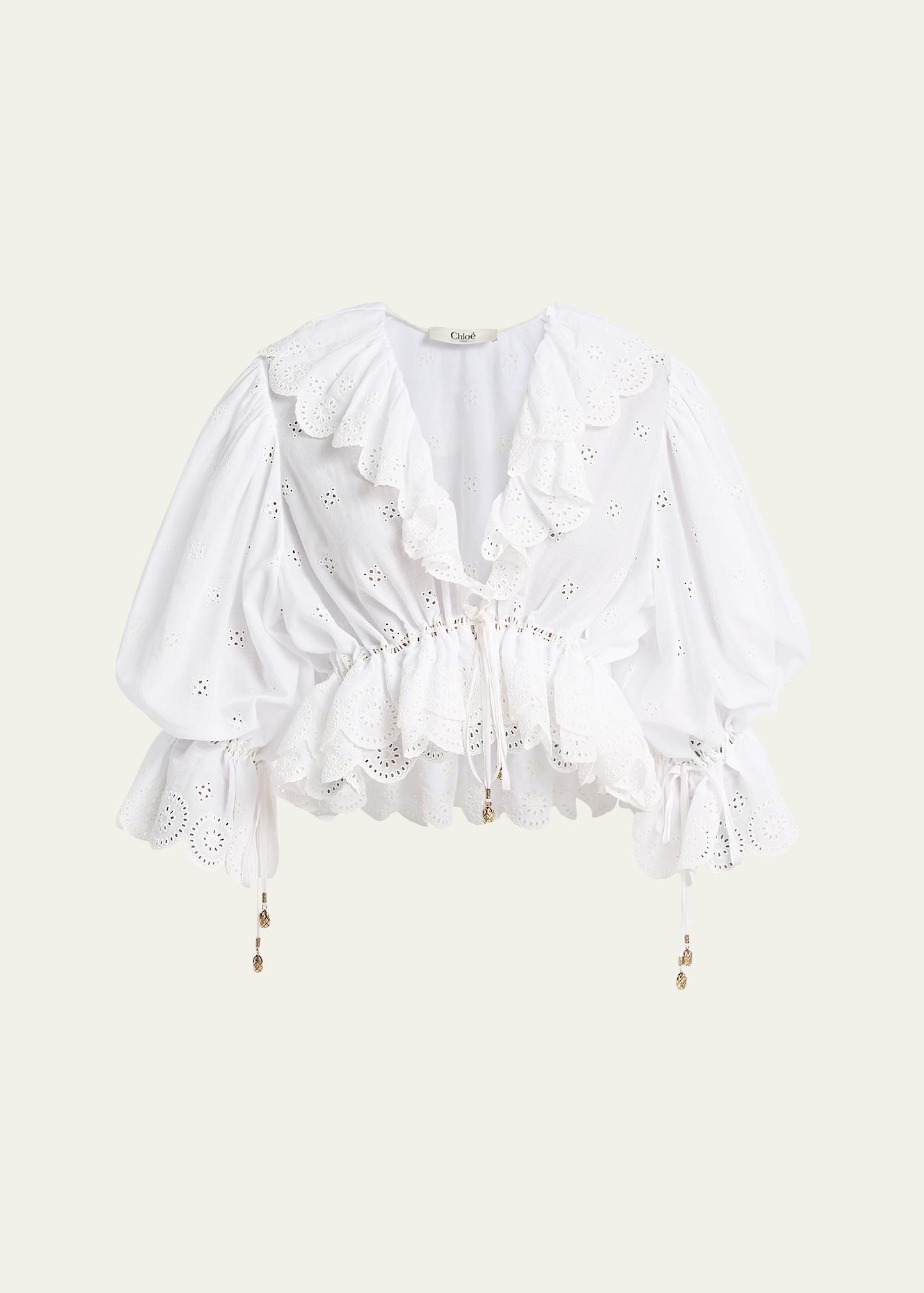 Chloe Eyelet Cotton Ruffle Crop Peasant Blouse - Bergdorf Goodman