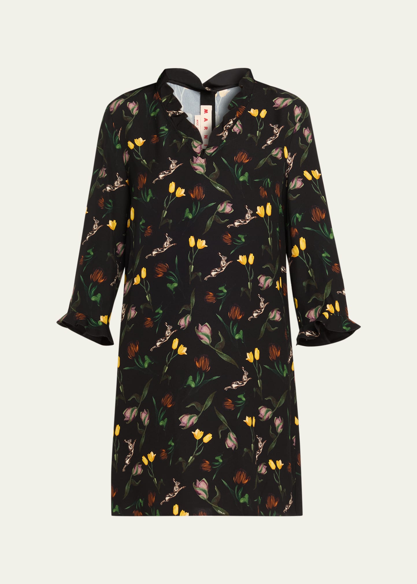 Marni Floral Ruffle 3/4-Sleeve Mini Dress - Bergdorf Goodman