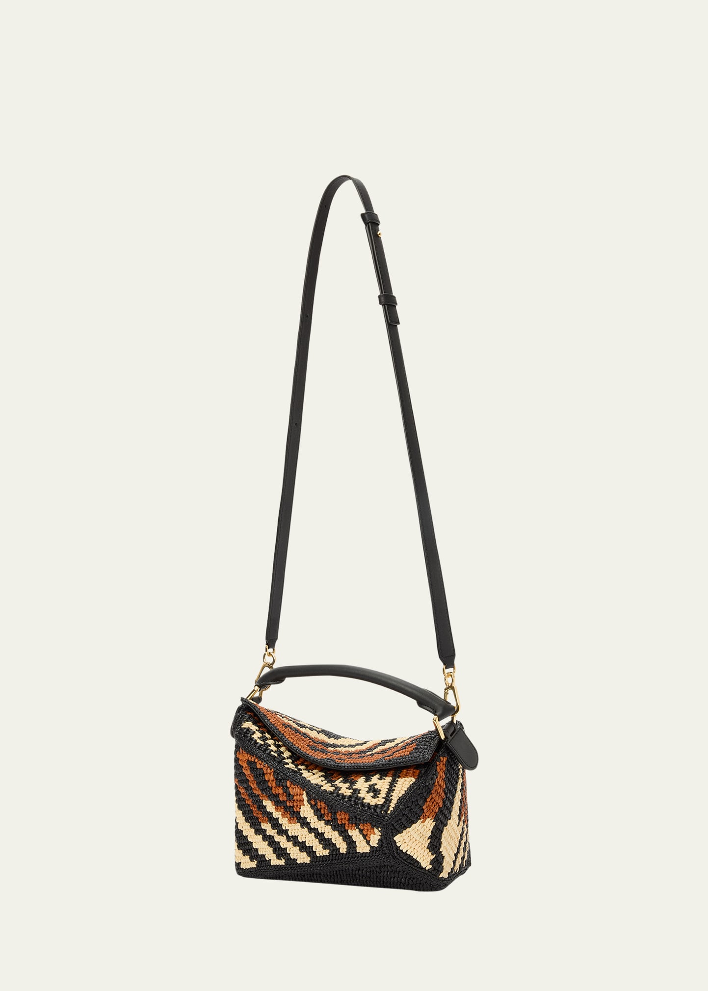 Loewe Puzzle Edge Small Top-Handle Bag in Raffia and Leather