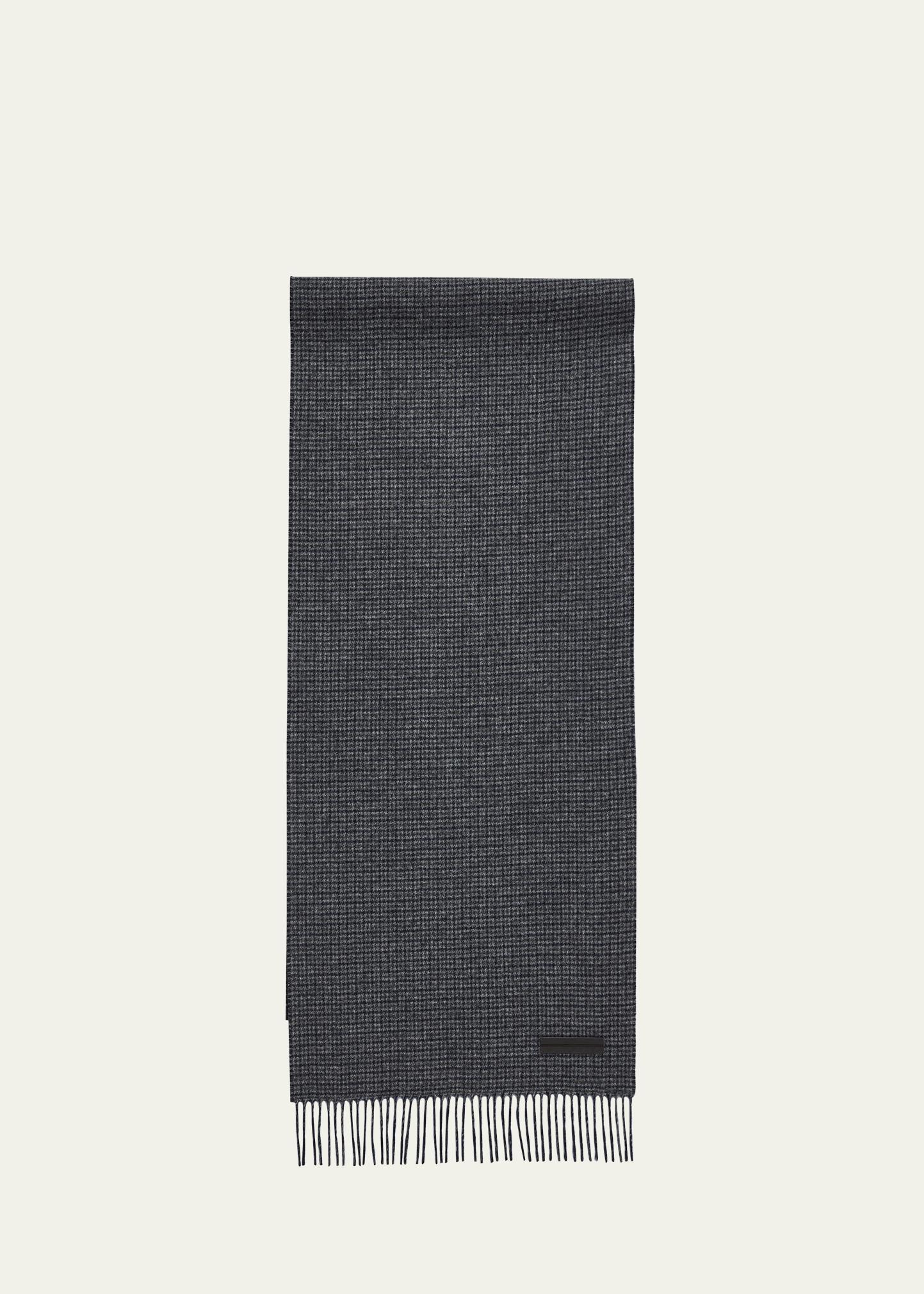Zegna Men's Oasi Cashmere Check Scarf with Leather Brand Mark