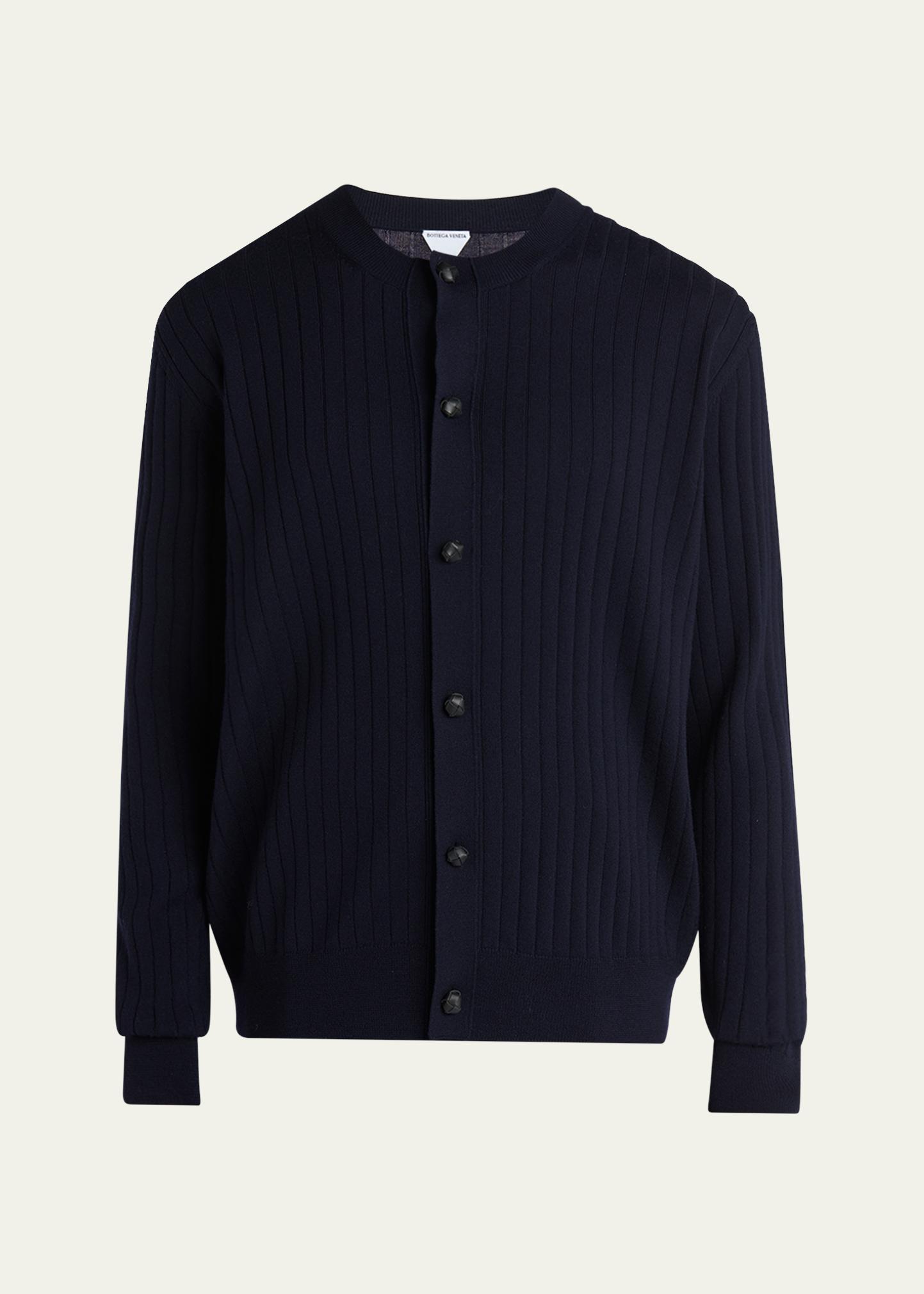 Bottega Veneta Men's Ribbed Wool Cardigan with Leather Buttons