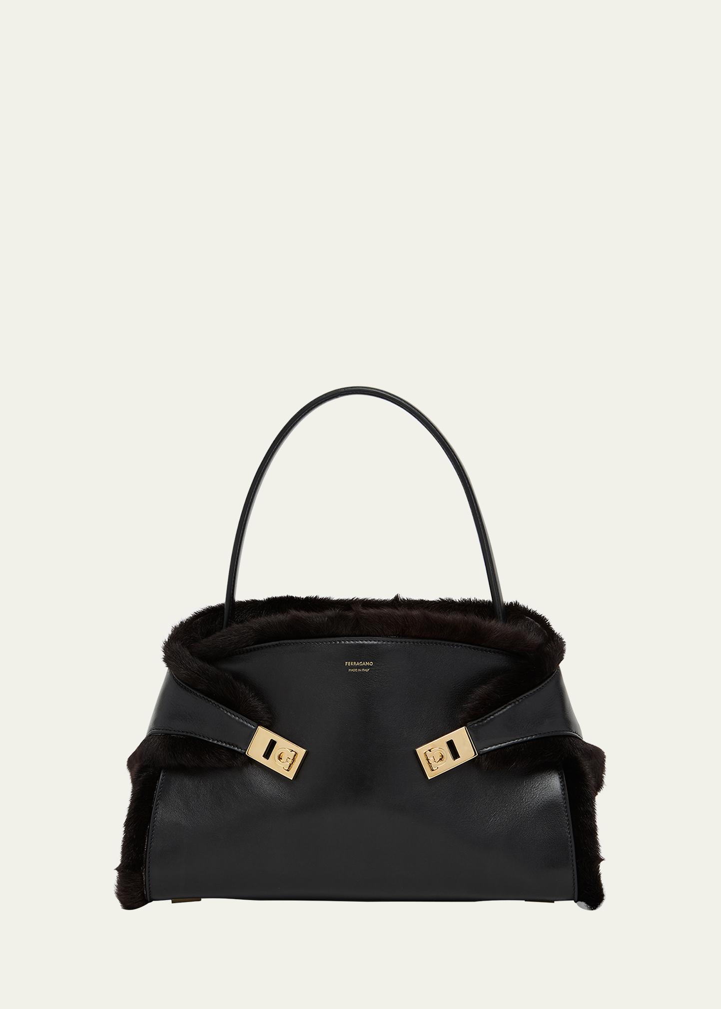 FERRAGAMO Hug Leather & Shearling Shoulder Bag - Bergdorf Goodman