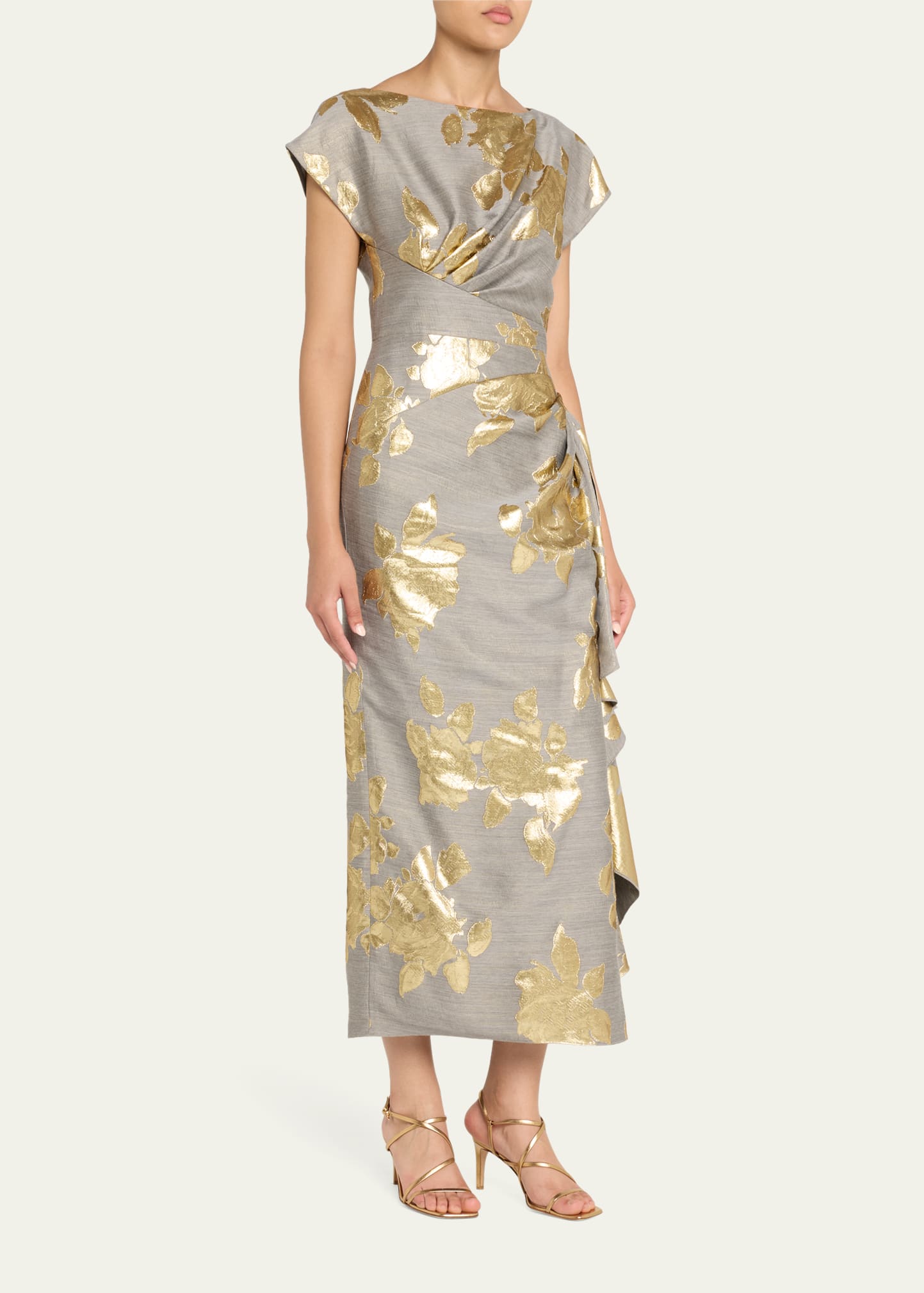 Lela Rose Florence Metallic Floral Jacquard Draped Midi
